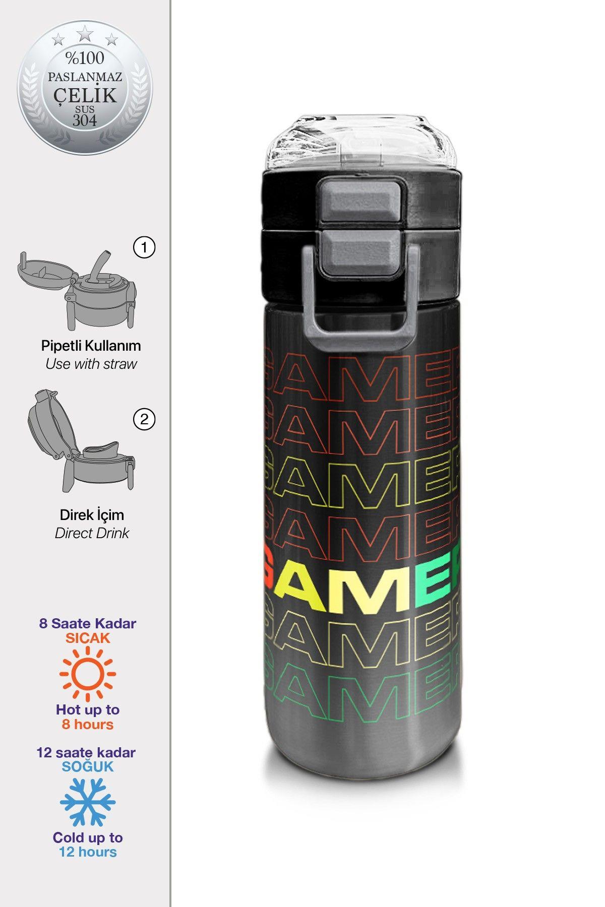 Coral High 500 ml Paslanmaz Çelik Okul Termosu/Suluk/Matara - Erkek Çocuk - Siyah Gri Gamer Desenli - Sızdırma Yapmaz 31853