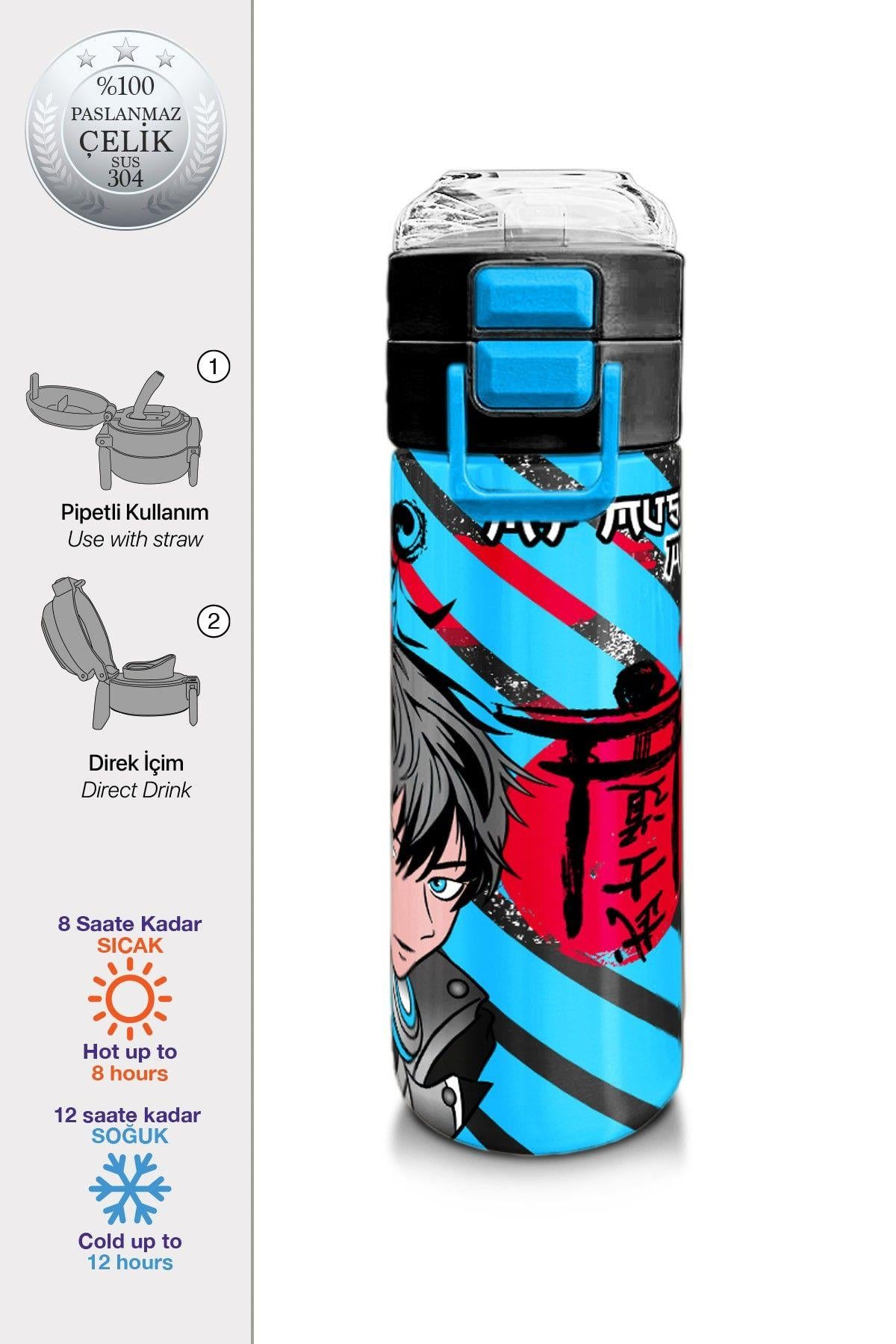 Coral High 500 ml Paslanmaz Çelik Okul Termosu/Suluk/Matara - Kız Çocuk - Siyah Mavi Anime Desenli - Sızdırma Yapmaz 31840