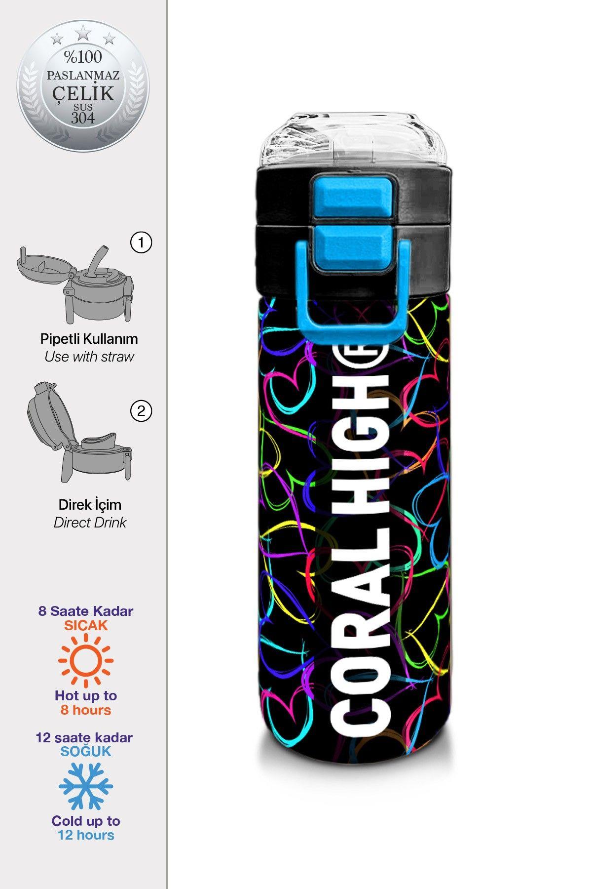 Coral High 500 ml Pipetli ve Direkt İçim Çelik Teros/Matara - Kız Çocuk -  Çok Renkli Kalp Desenli 31870