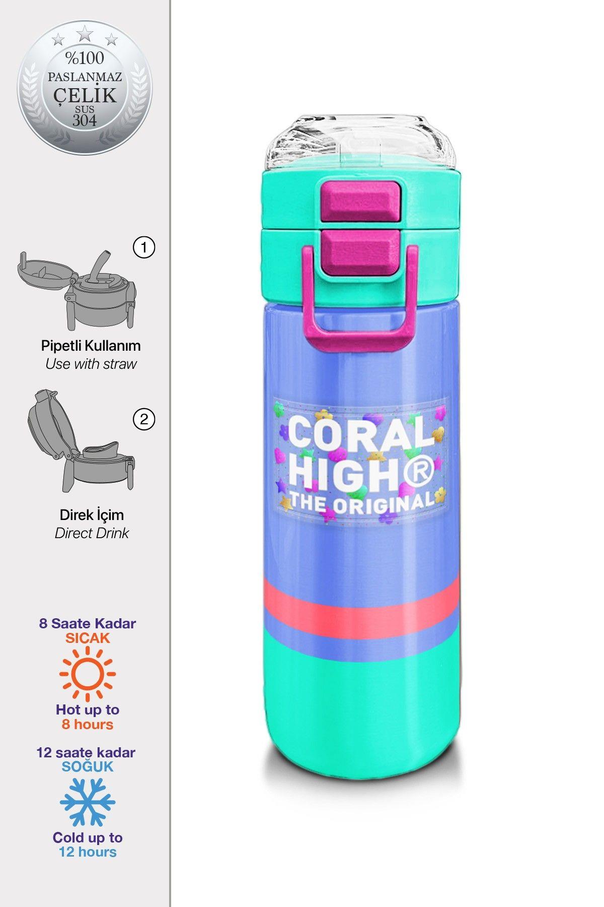 Coral High 500 ml Pipetli ve Direkt İçim Çelik Termos/Matara - Kız Çocuk -  Derin Mavi Renkli 31854