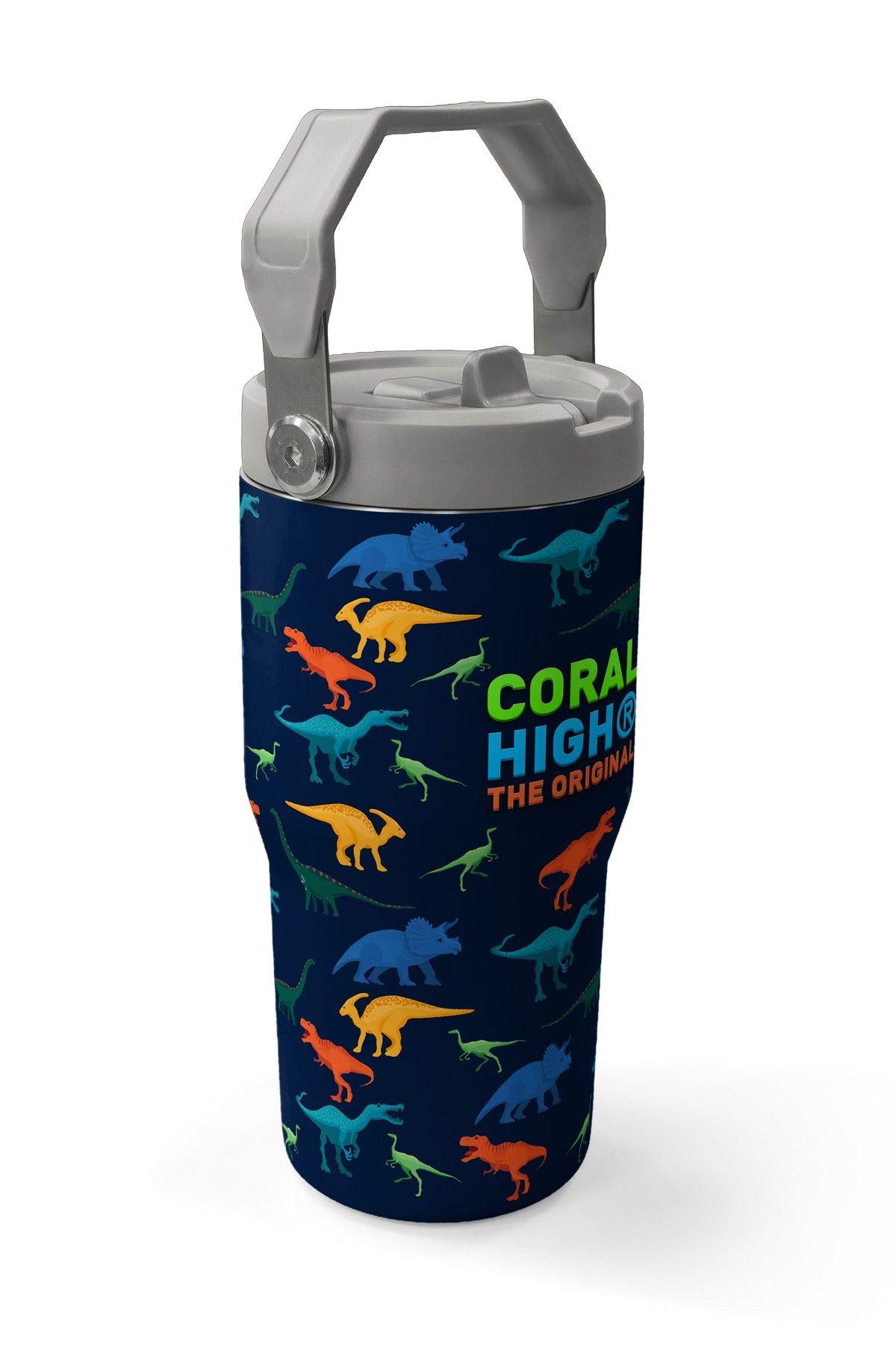 Coral High 600 ml Pipetli ve Kulplu Lacivert Mavi Dinazor Baskılı Erkek Çocuk Matara 38920