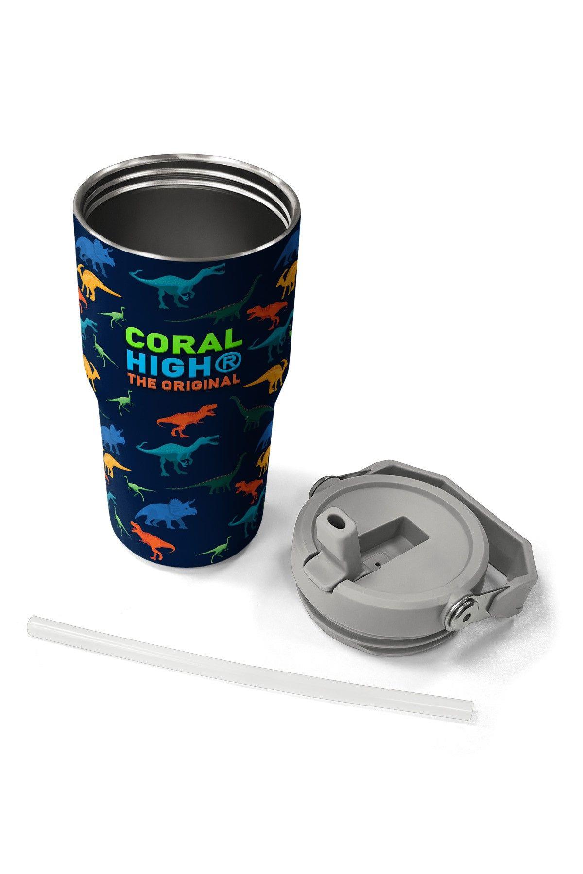 Coral High 600 ml Pipetli ve Kulplu Lacivert Mavi Dinazor Baskılı Erkek Çocuk Matara 38920