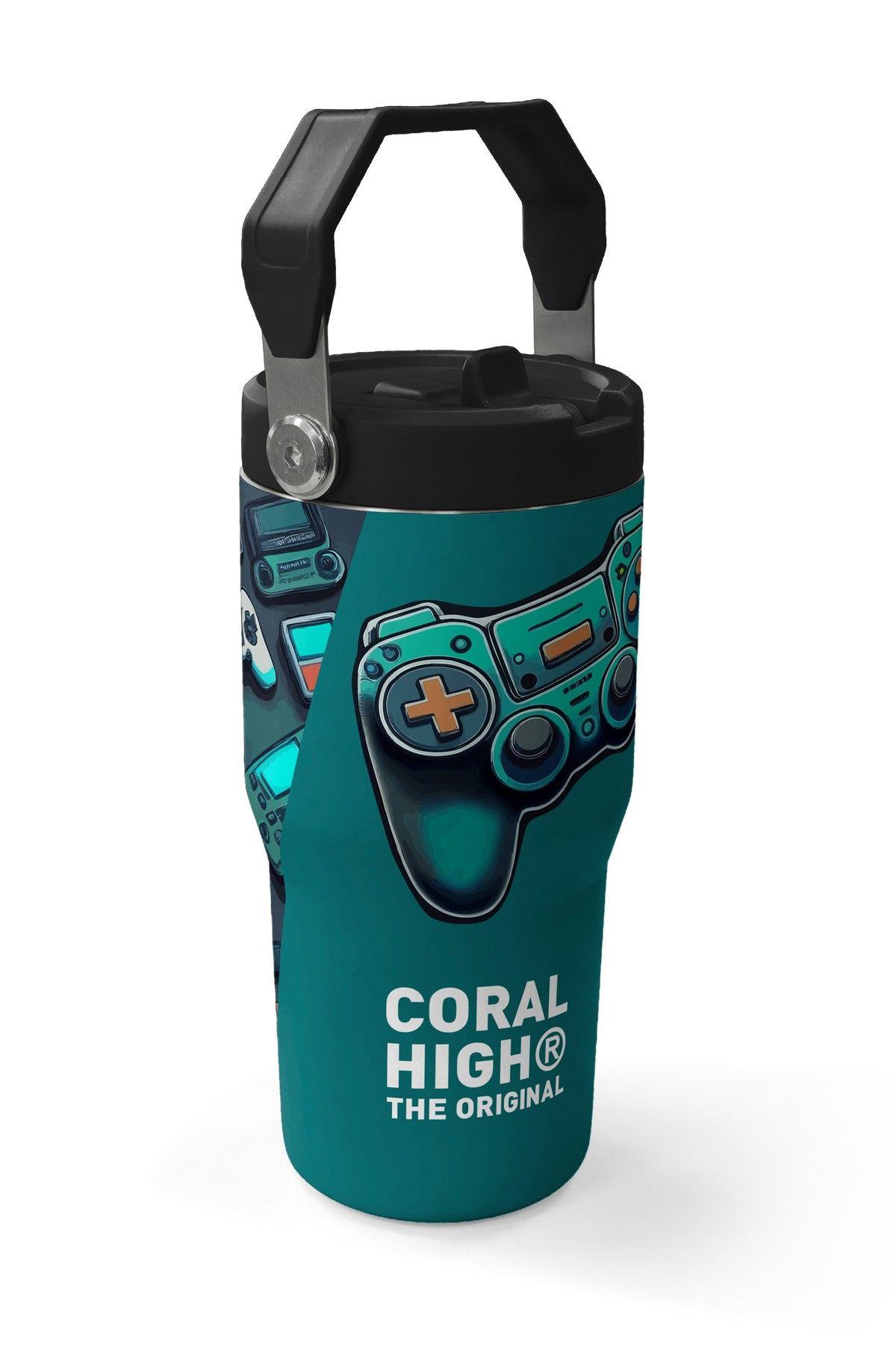 Coral High 600 ml Pipetli ve Kulplu Nefti Yeşil Oyun Konsolu Desenli Erkek Çocuk Matara 38924