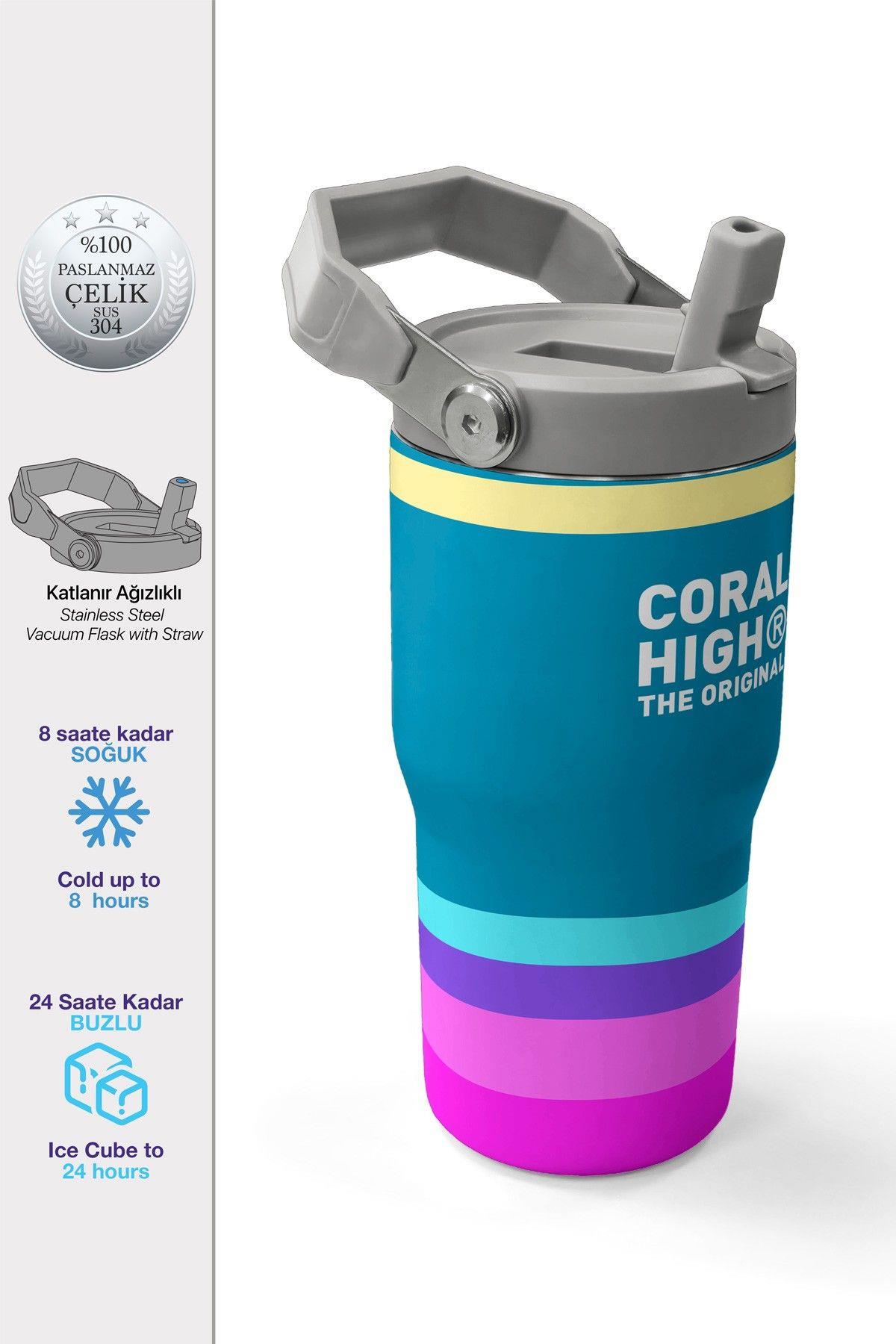 Coral High 600 ml Pipetli ve Kulplu Pembe Yeşil Sarı Çizgili Kız Çocuk Matara 38910