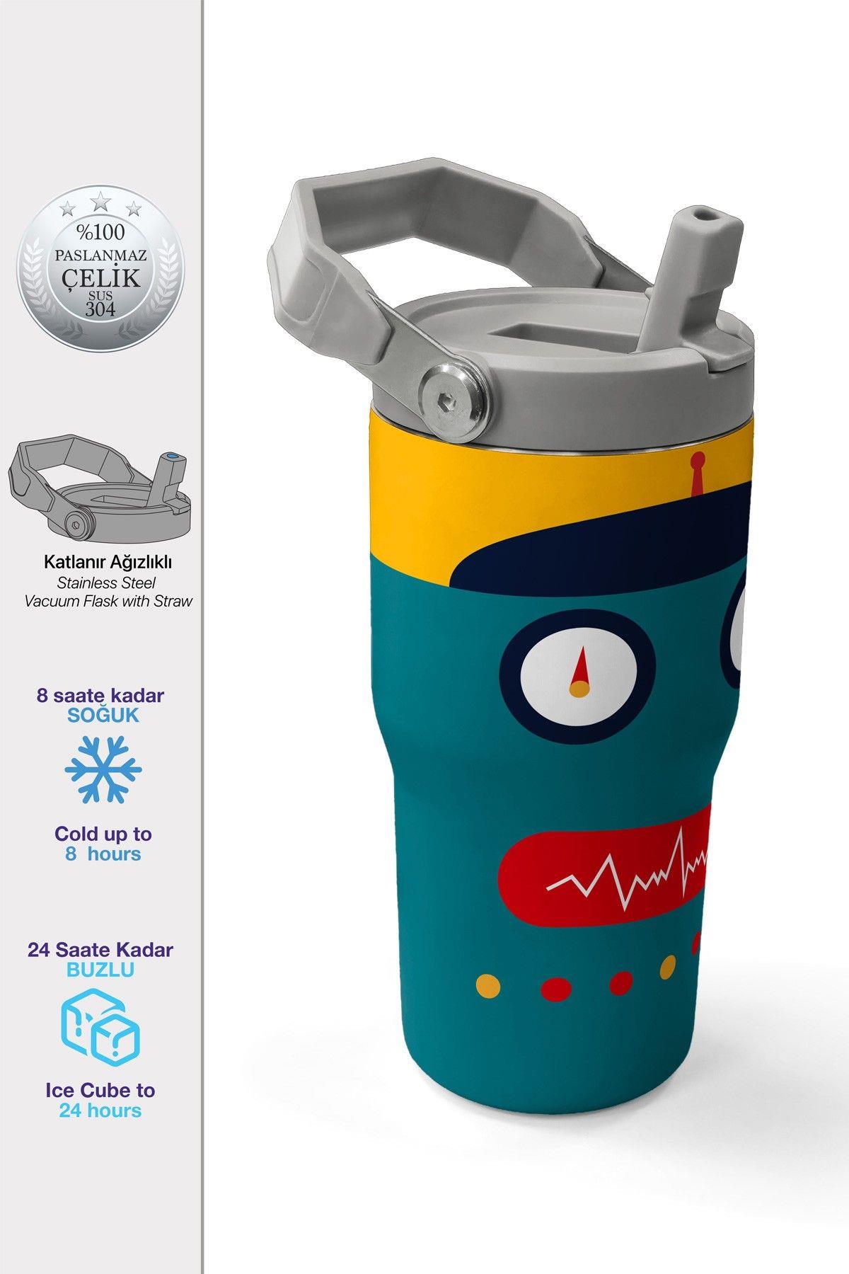 Coral High 600 ml Pipetli ve Kulplu Yeşil Sarı Robot Baskılı Erkek Çocuk Matara 38918