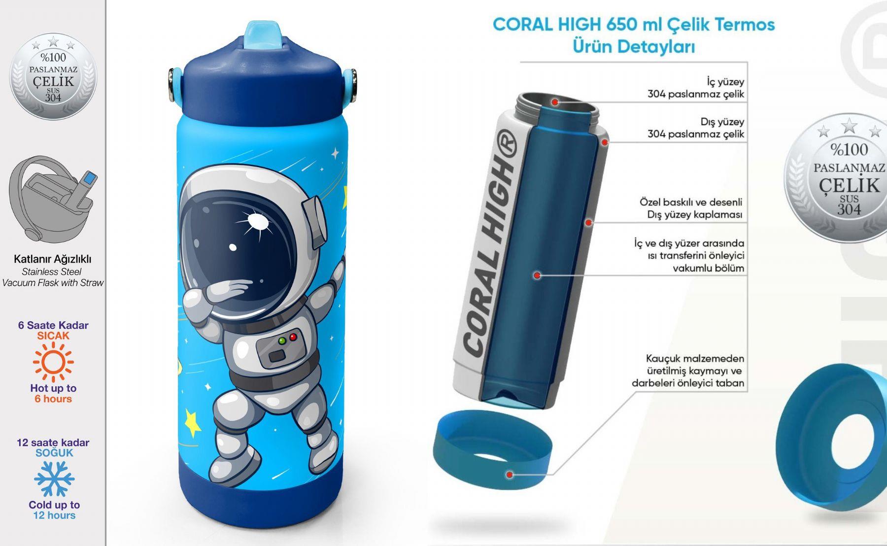 Coral High 650 ml Erkek Çocuk Lacivert Mavi Astronot Desenli Çelik Suluk/Matara (Pipetli) 38389