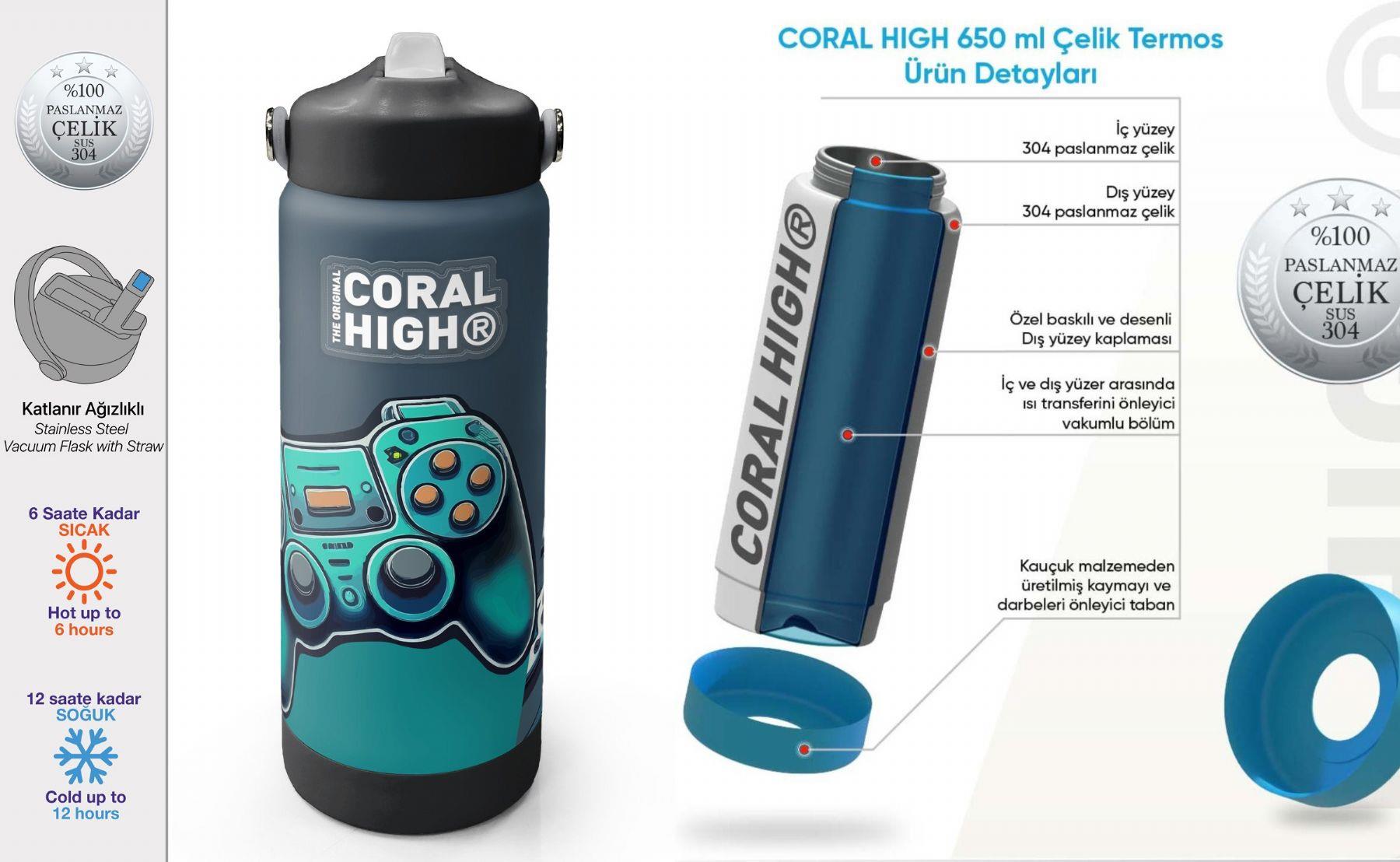 Coral High 650 ml Erkek Çocuk Nefti Yeşil Oyun Konsolu Desenli Çelik Suluk/Matara (Pipetli) 38388
