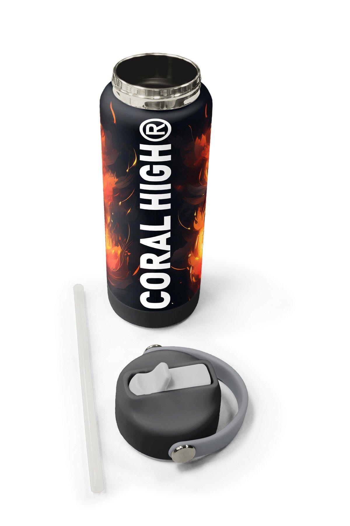 Coral High 650 ml Erkek Çocuk Siyah Kükreyen Aslan Baskılı Çelik Suluk/Matara (Pipetli) 38391