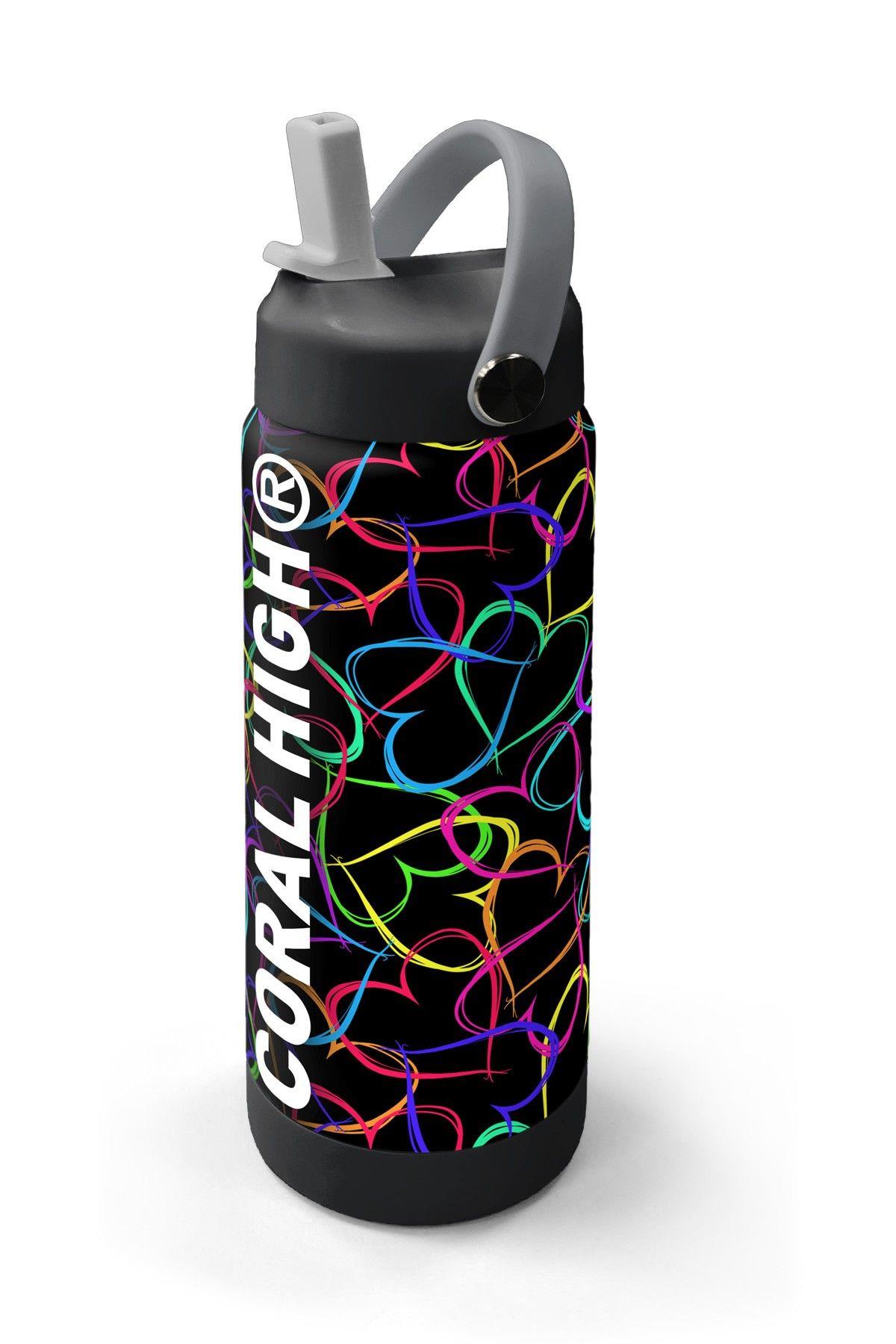 Coral High 650 ml Kız Çocuk Kalp Baskılı Siyah Pembe Çelik Suluk/Matara (Pipetli) 38382