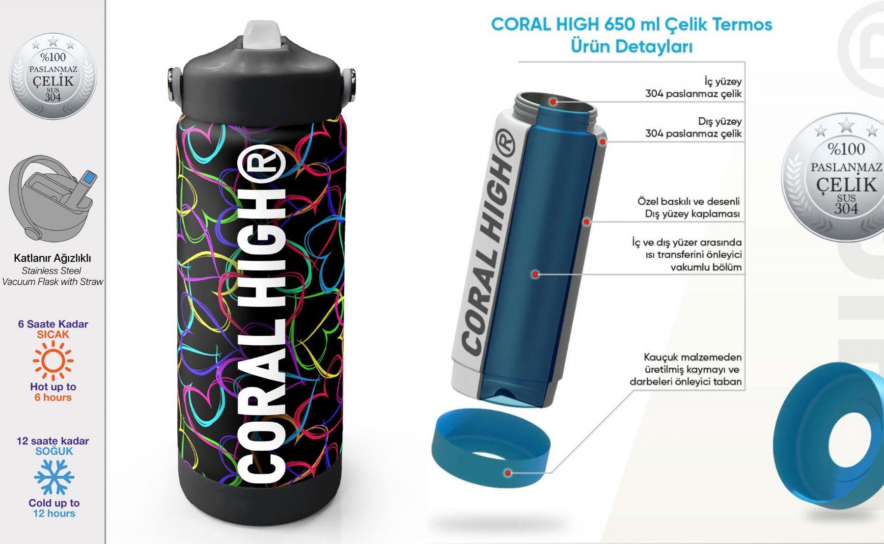 Coral High 650 ml Kız Çocuk Kalp Baskılı Siyah Pembe Çelik Suluk/Matara (Pipetli) 38382