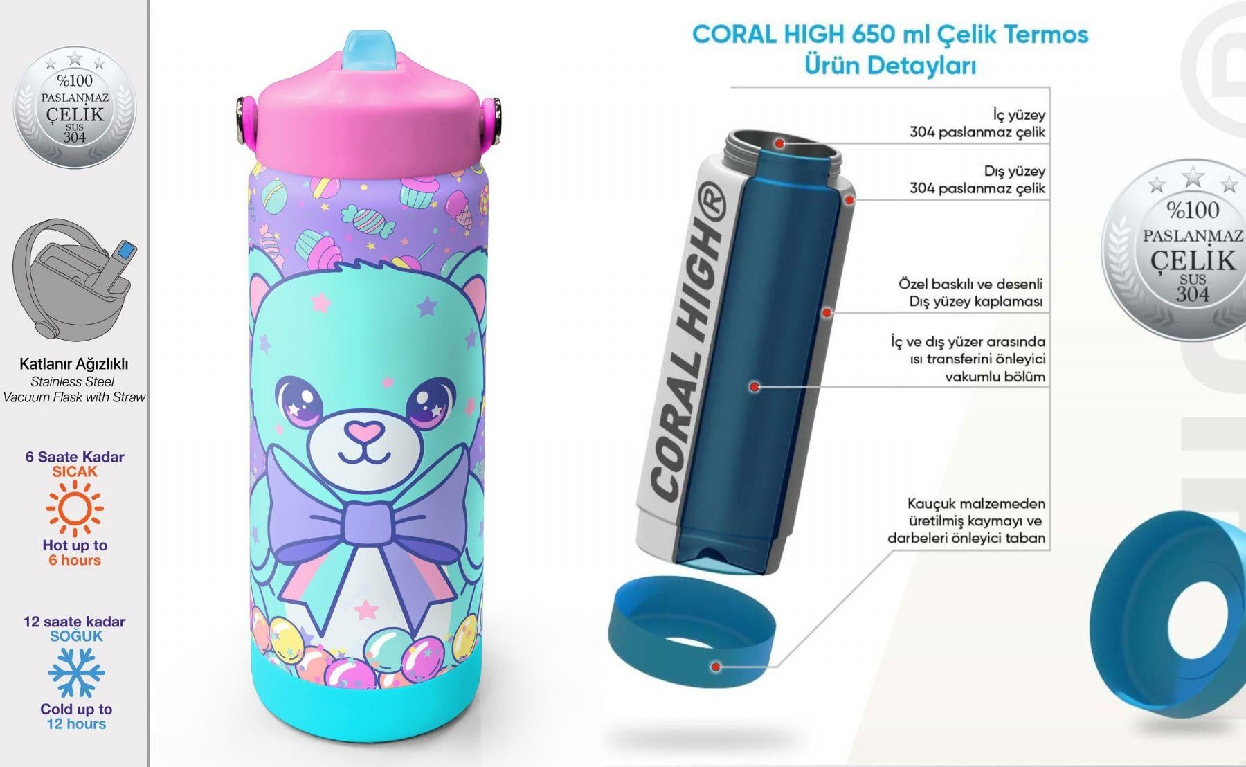 Coral High 650 ml Kız Çocuk Mor Yeşil Ayıcık Desenli Çelik Suluk/Matara (Pipetli) 38305