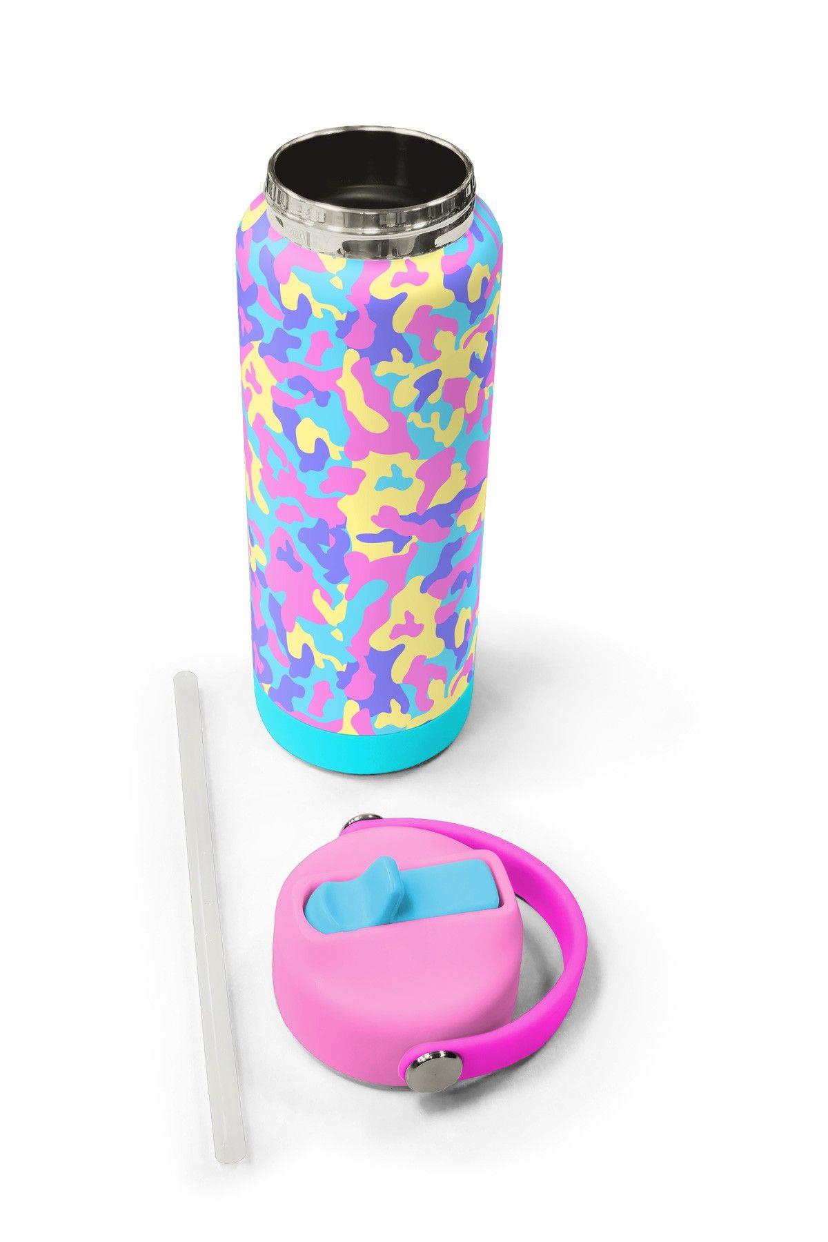 Coral High 650 ml Kız Çocuk Pembe Sarı Kamuflaj Çelik Suluk/Matara (Pipetli) 38301
