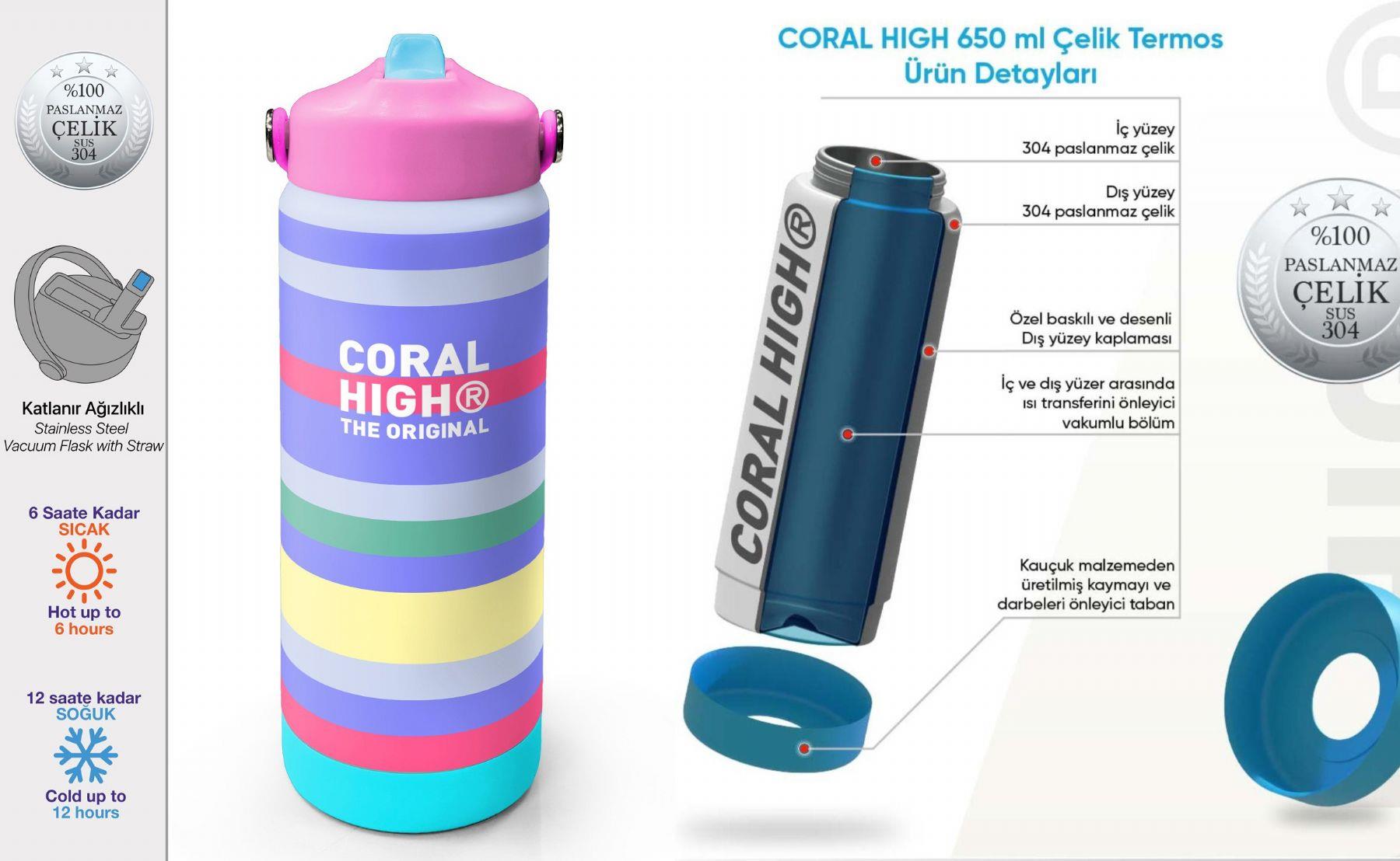 Coral High 650 ml Kız Çocuk Renkli Çizgi Desenli Çelik Suluk/Matara (Pipetli) 38302