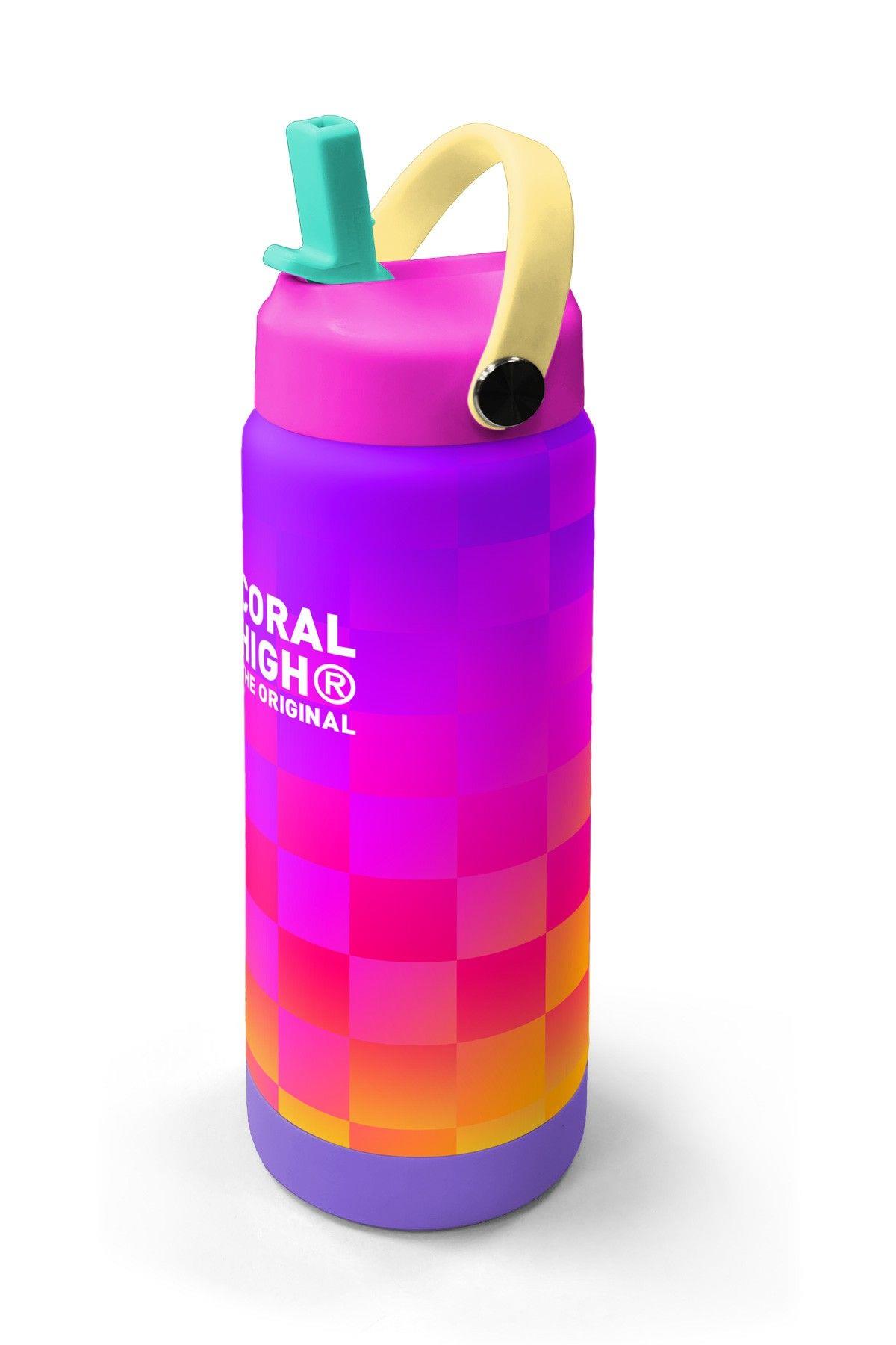 Coral High 650 ml Kız Çocuk Sarı Mor Dama Desenli Çelik Suluk/Matara (Pipetli) 38303