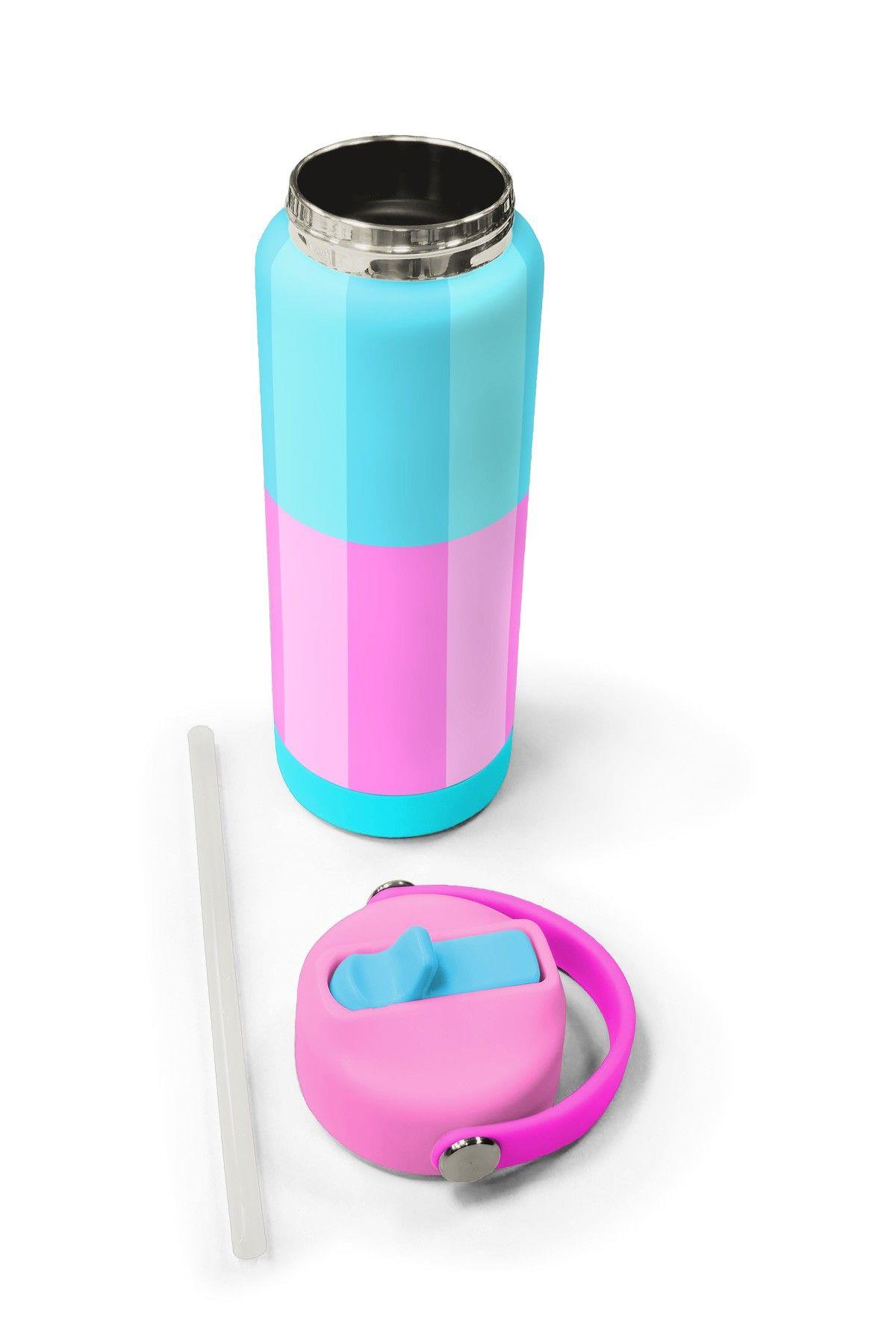 Coral High 650 ml Kız Çocuk Turkuaz Pembe Çizgi Desenli Çelik Suluk/Matara (Pipetli) 38381