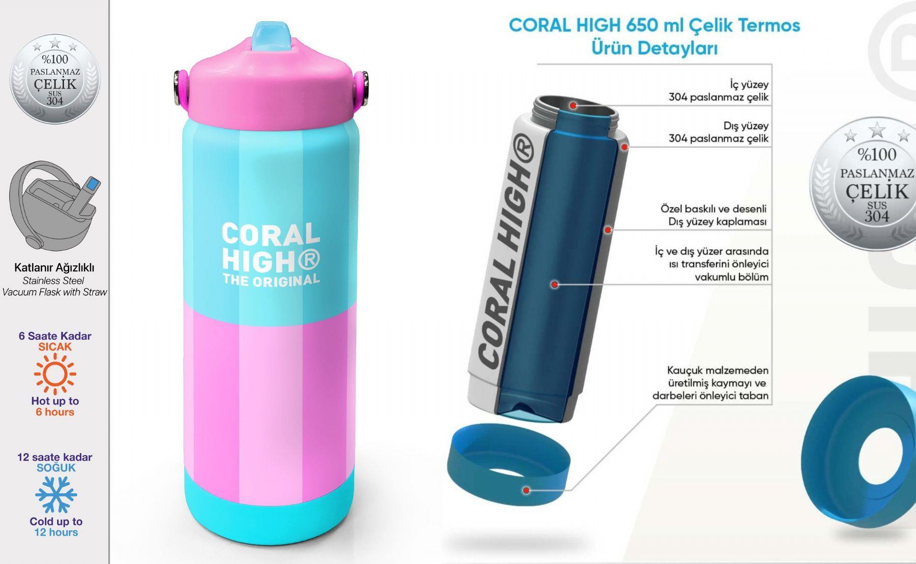 Coral High 650 ml Kız Çocuk Turkuaz Pembe Çizgi Desenli Çelik Suluk/Matara (Pipetli) 38381
