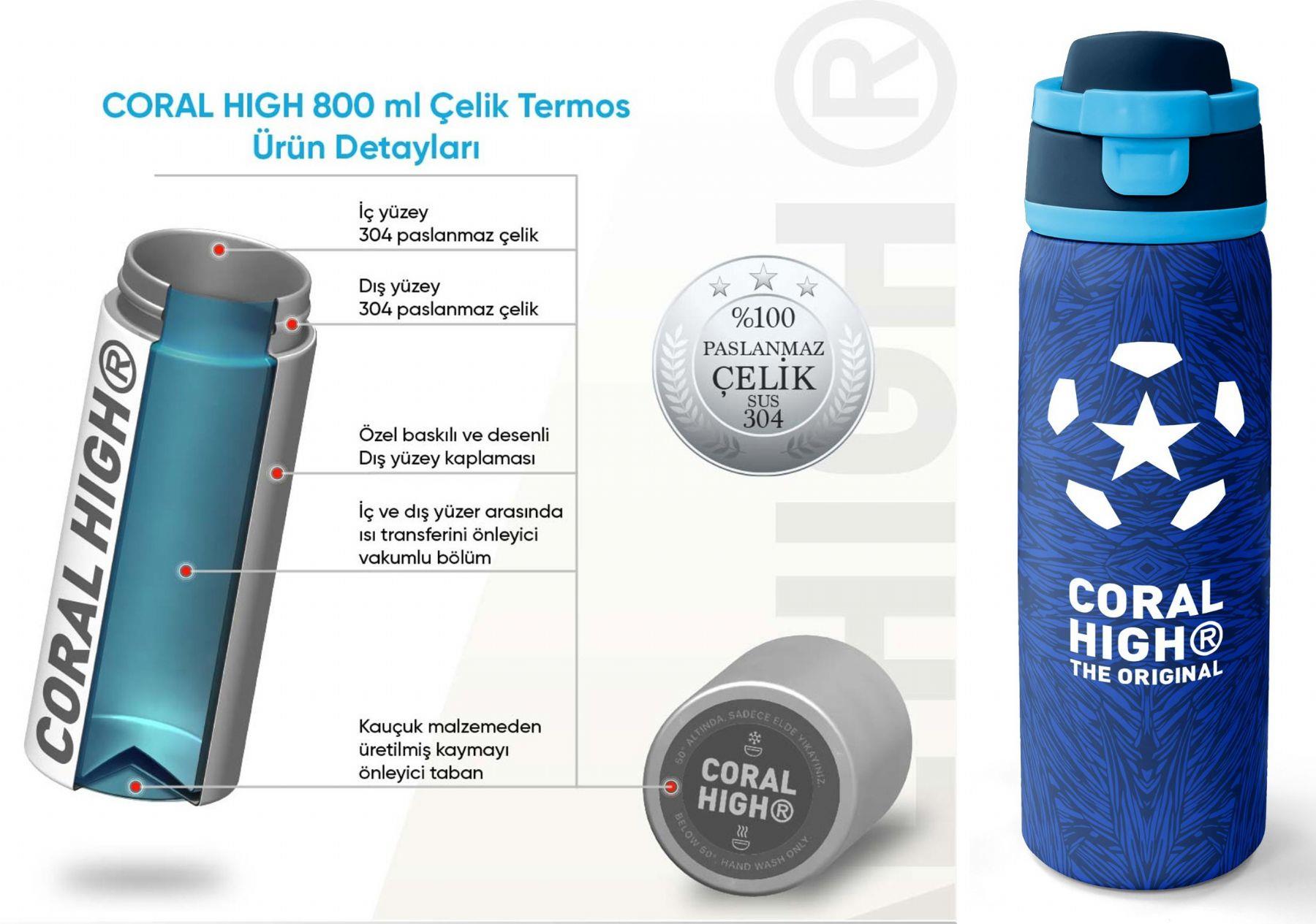 Coral High 800 ml Erkek Çocuk Lacivert Mavi Futbol Desenli Pipetli ve Direkt İçim Çelik Termos/Matara - 38557
