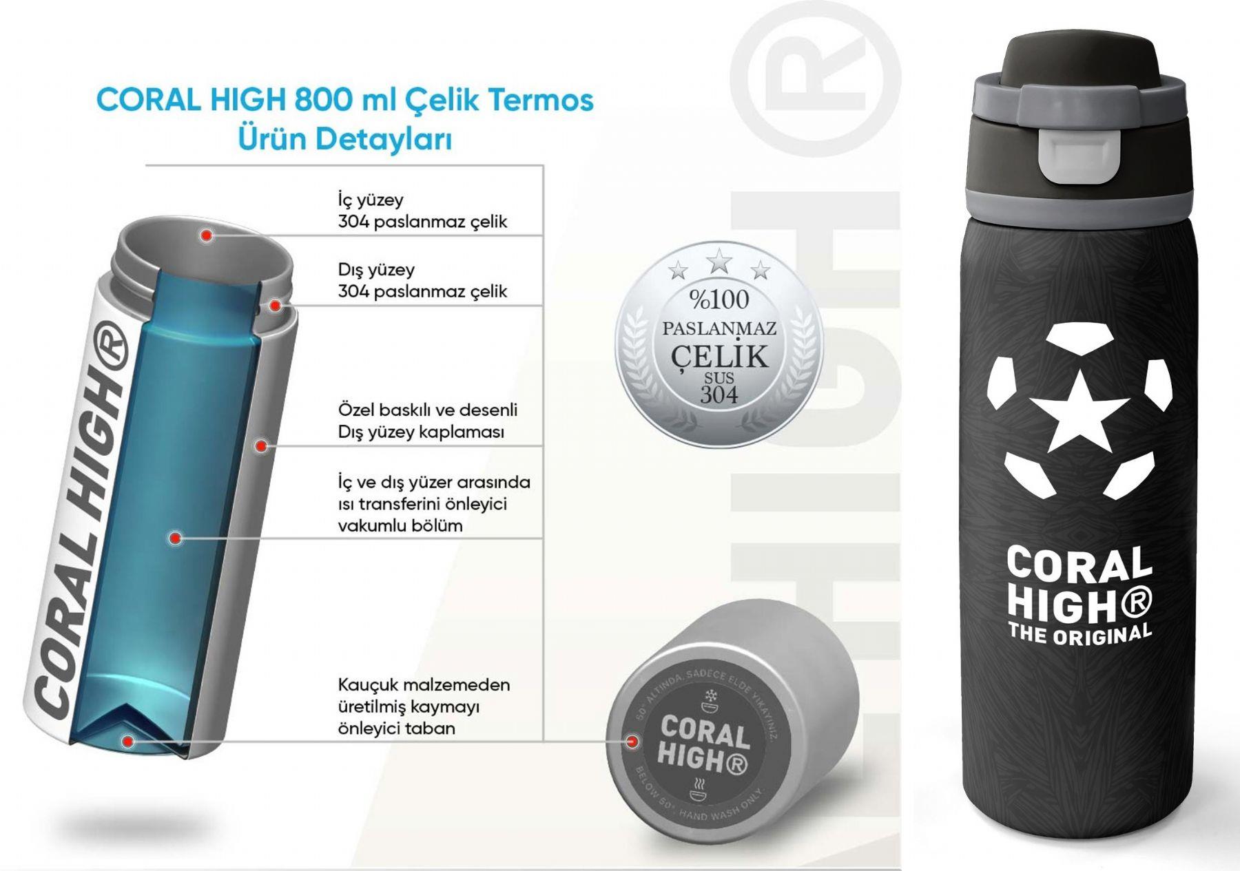 Coral High 800 ml Erkek Çocuk Siyah Beyaz Futbol Baskılı Pipetli ve Direkt İçim Çelik Termos/Matara - 38558