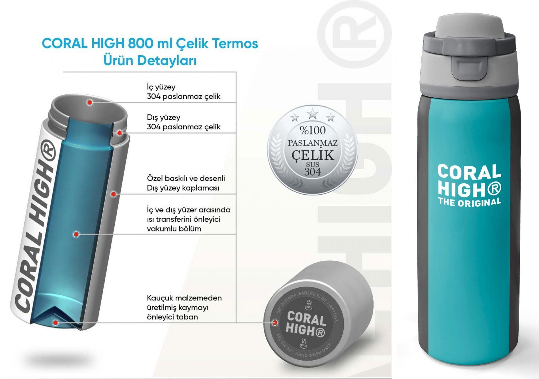Coral High 800 ml Erkek Çocuk Siyah Turkuaz Çizgili Pipetli ve Direkt İçim Çelik Termos/Matara - 38556