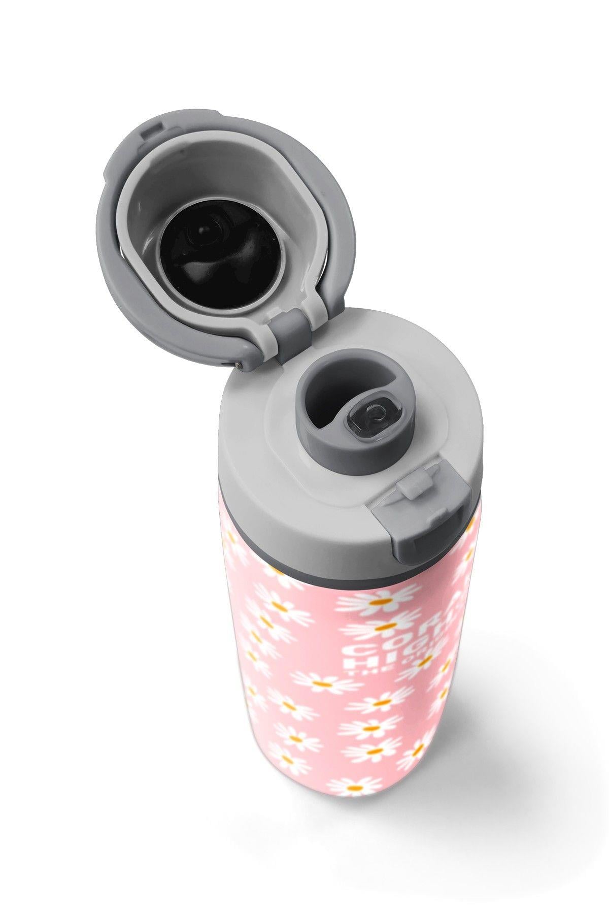 Coral High 800 ml Kız Çocuk Pembe Beyaz Papatya Desenli Pipetli ve Direkt İçim Çelik Termos/Matara - 38502
