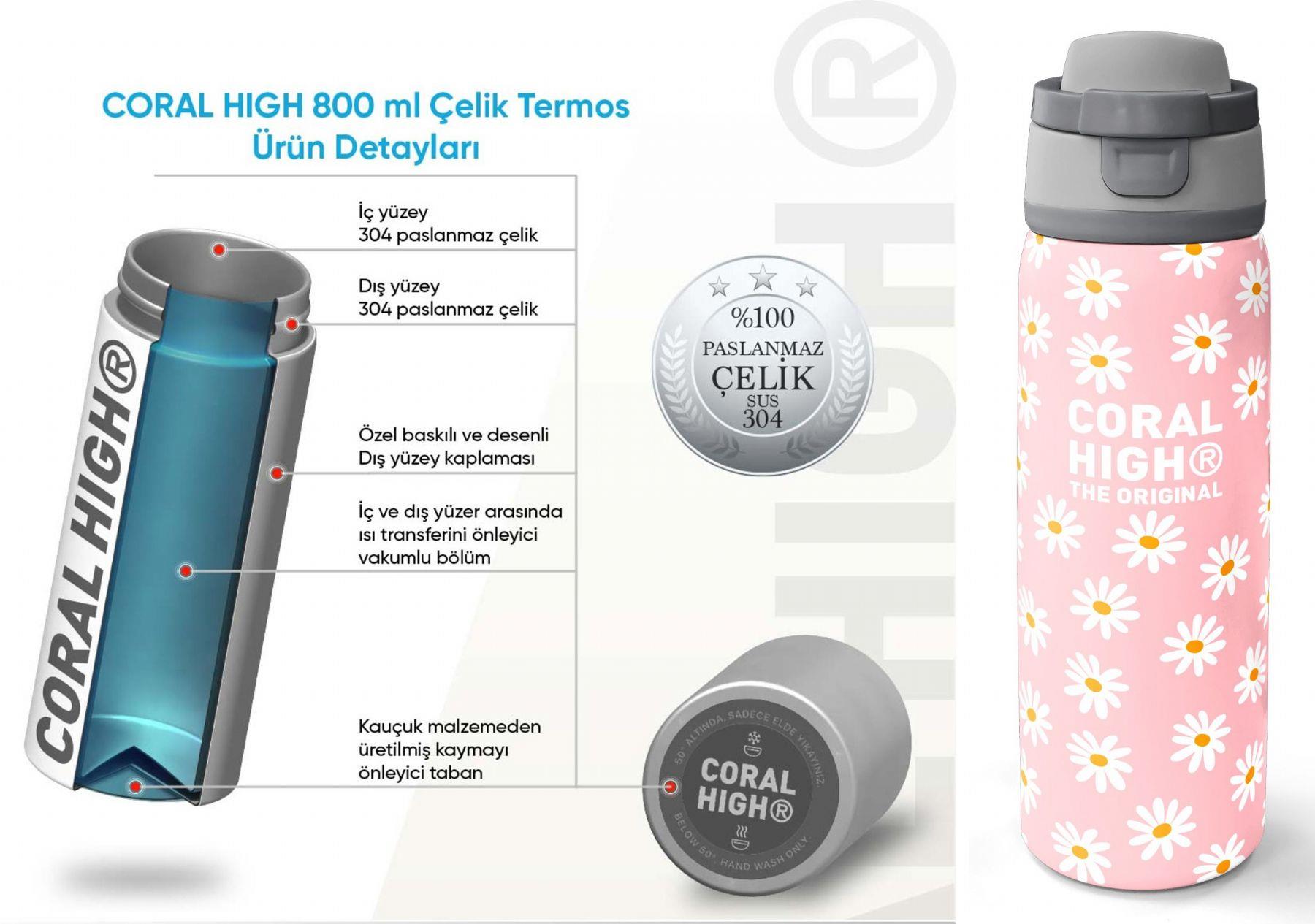Coral High 800 ml Kız Çocuk Pembe Beyaz Papatya Desenli Pipetli ve Direkt İçim Çelik Termos/Matara - 38502
