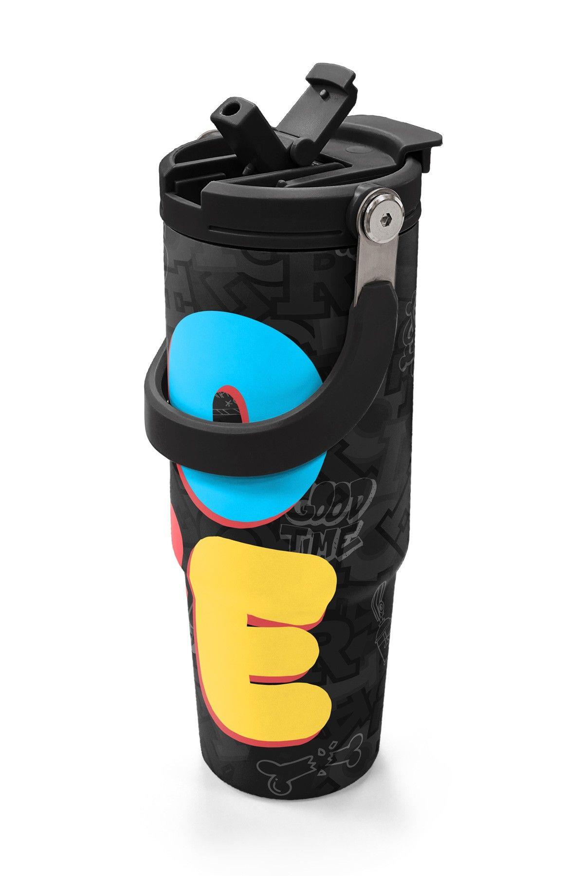 Coral High 900 ml Erkek Çocuk Siyah Çok Renkli Love Baskılı Çelik Termos /Matara - 38706