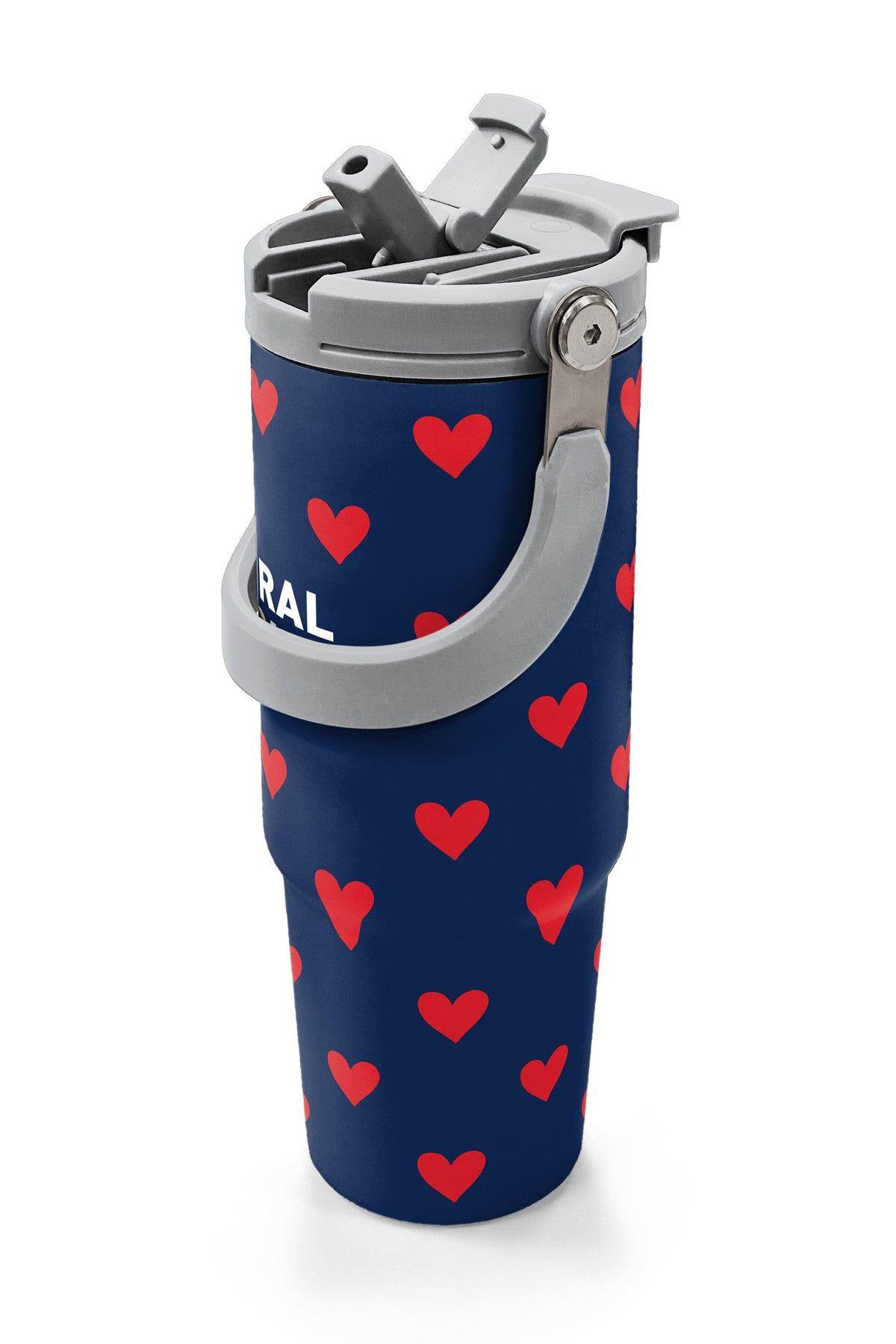 Coral High 900 ml Kız Çocuk Lacivert Kırmızı Kalp Desenli Çelik Termos /Matara - 38705
