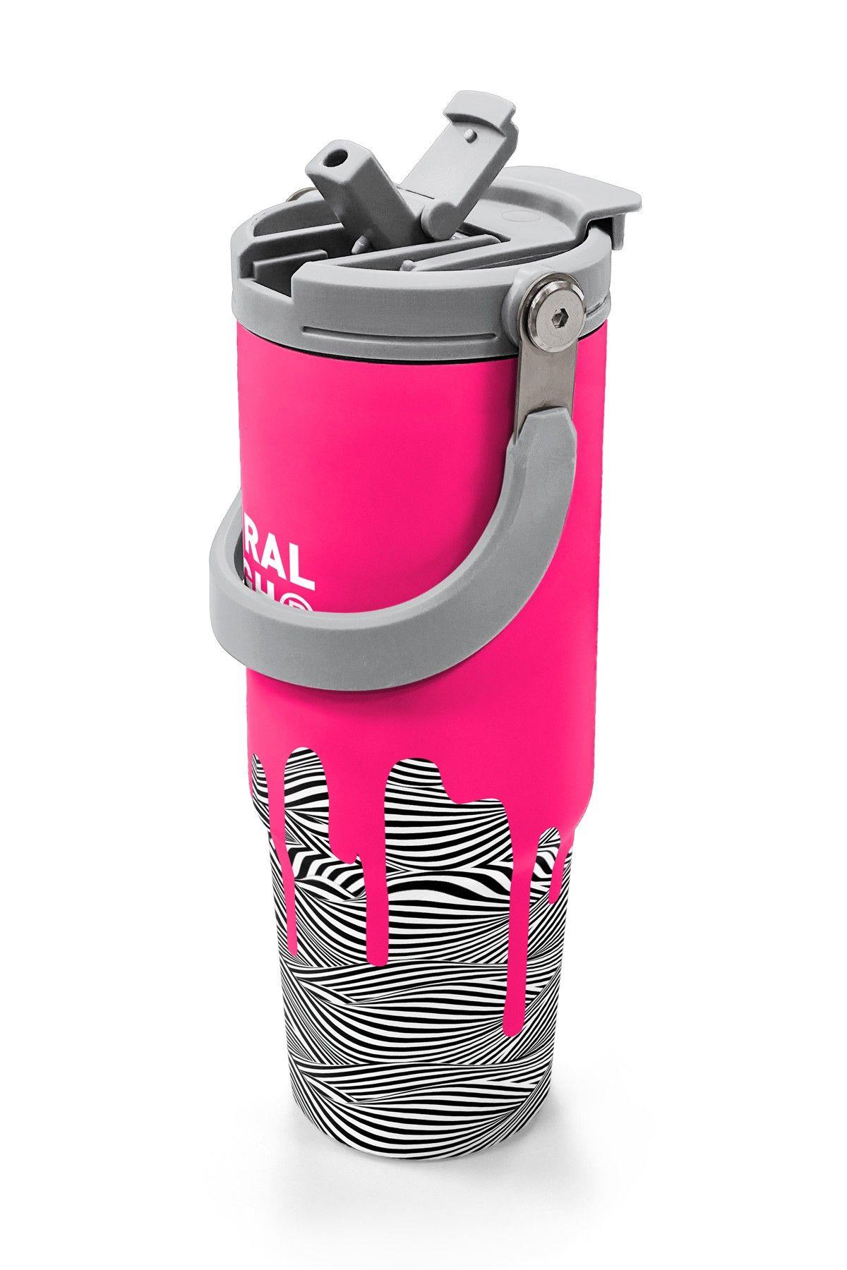 Coral High 900 ml Kız Çocuk Pembe Siyah Beyaz Boya Desenli Çelik Termos /Matara - 38718