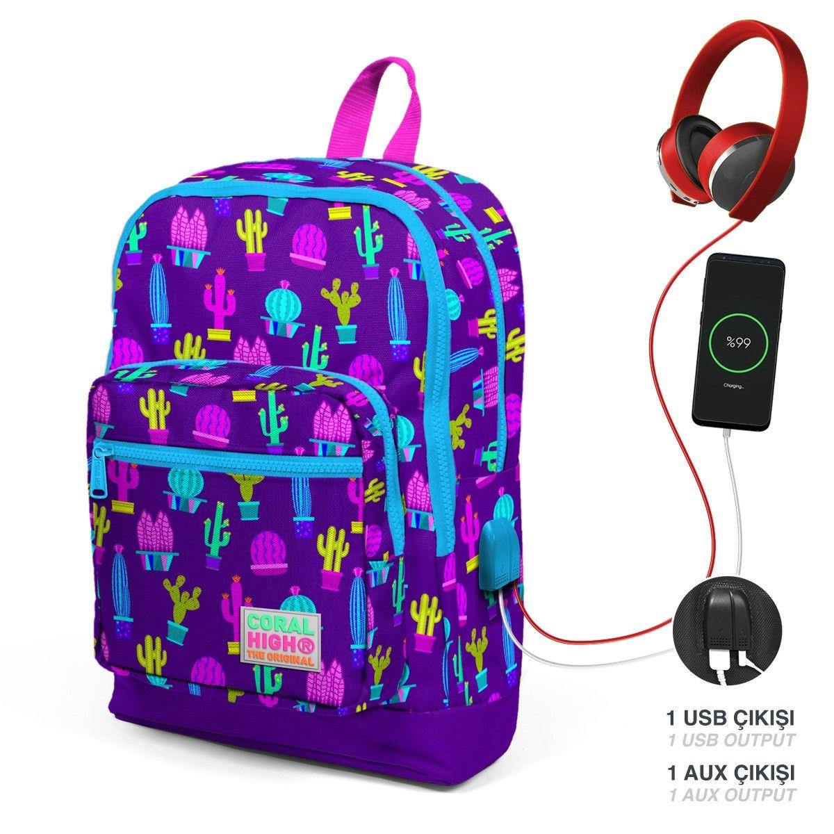 Coral High Baskılı Okul Çantası ve Beslenme Çantası Seti - Kız Çocuk Mor Kaktüs - USB Soketli