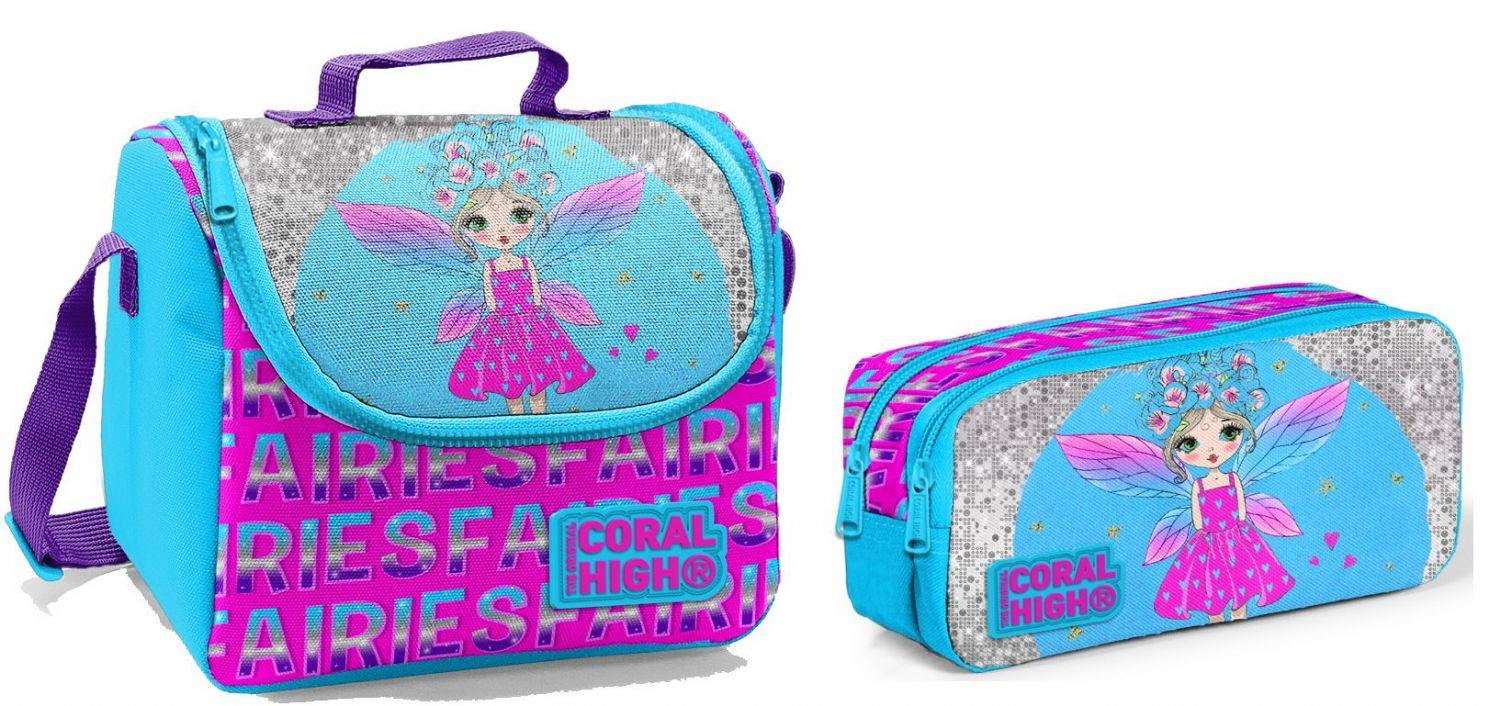 Coral High Beslenme Çantası ve Kalemlik Takım - Pembe - Mavi - Kanatlı Peri - Kız Çocuk