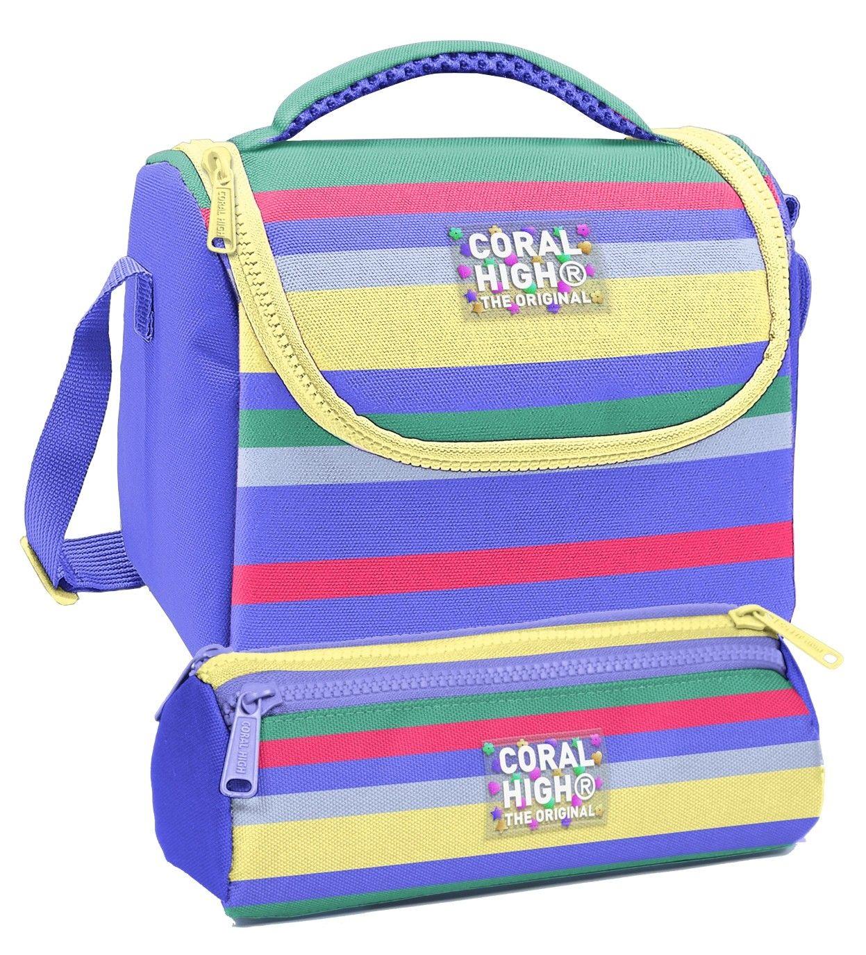 Coral High Beslenme Çantası ve Üç Gözlü Kalemlik Seti - Renkli Çizgi Desenli Kız Çocuk 37102