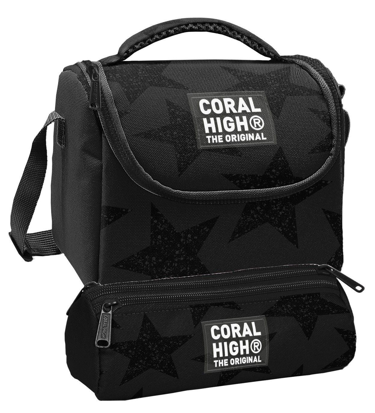 Coral High Beslenme Çantası ve Üç Gözlü Kalemlik Seti - Siyah Yıldız Baskılı Erkek Çocuk 37137