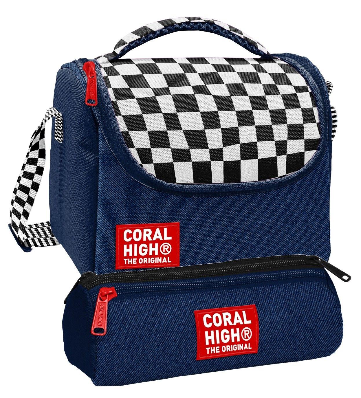 Coral High Beslenme Çantası ve Üç Gözlü Kalemlik Seti - Lacivert Siyah Beyaz Dama Desenli Erkek Çocuk 37134