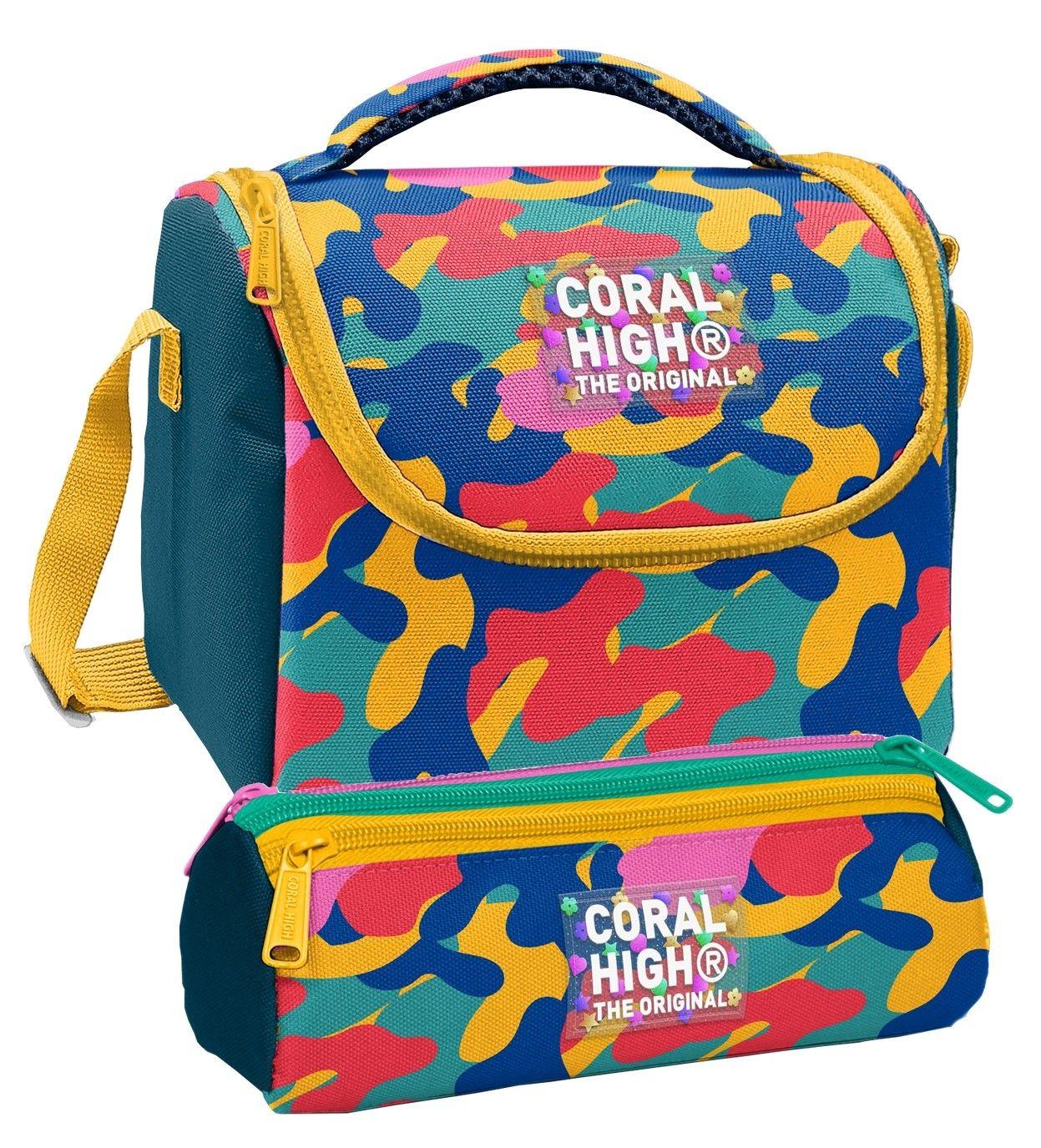 Coral High Beslenme Çantası ve Üç Gözlü Kalemlik Seti - Renkli Kamuflaj Desenli Unisex 37132