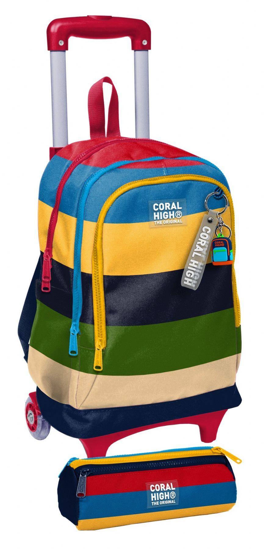 Coral High Çekçek Tekerlekli (Işıklı) Çanta ve Kalemlik - Erkek Çocuk - Çok Renkli Çizgi