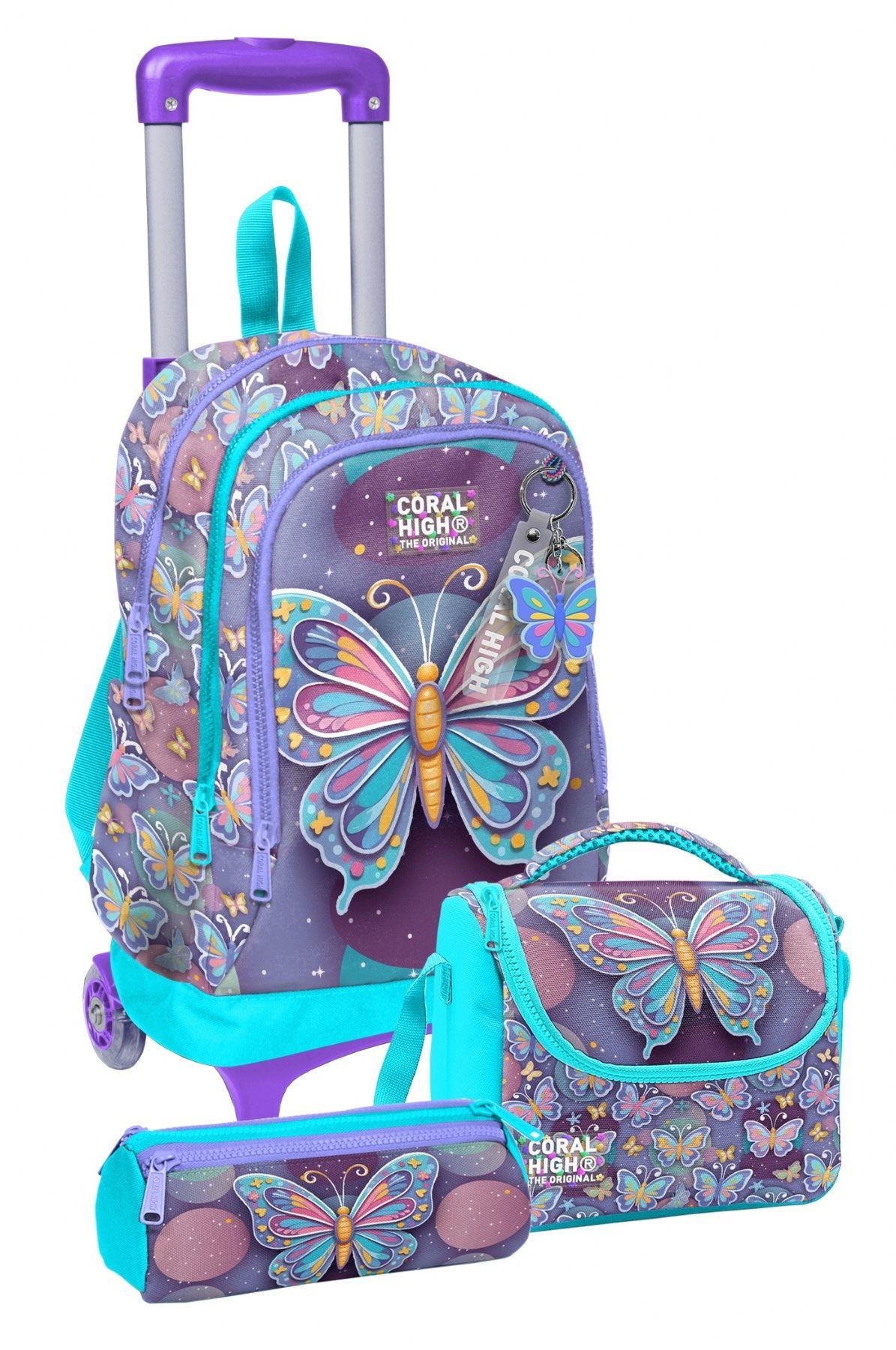 Coral High Çekçek Tekerlekli Üçlü İlkokul Çanta Seti Pastel Renkli Kelebek Desenli Kız Çocuk SETYGN34006A