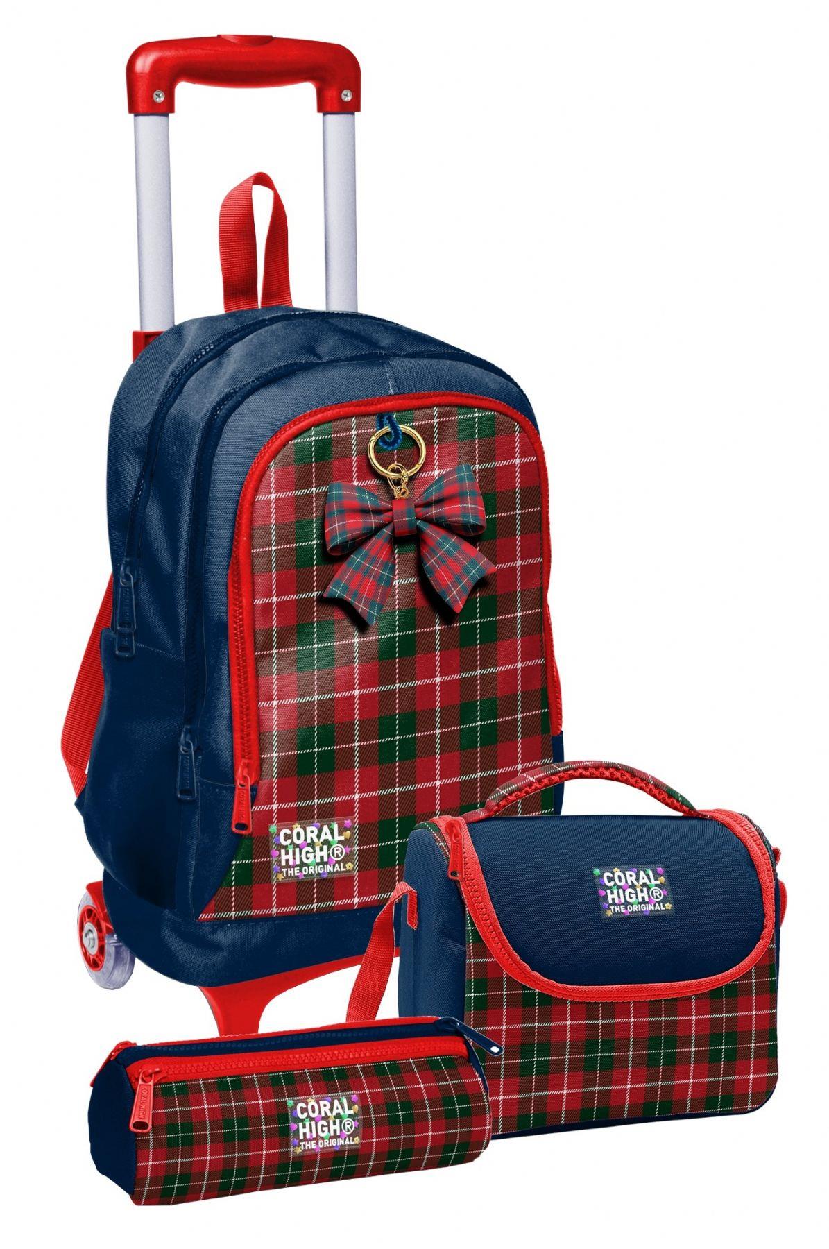 Coral High Çekçek Tekerlekli Üçlü İlkokul Çanta Seti Lacivert Kırmızı Ekosa Desenli Kız Çocuk SETYGN34007A