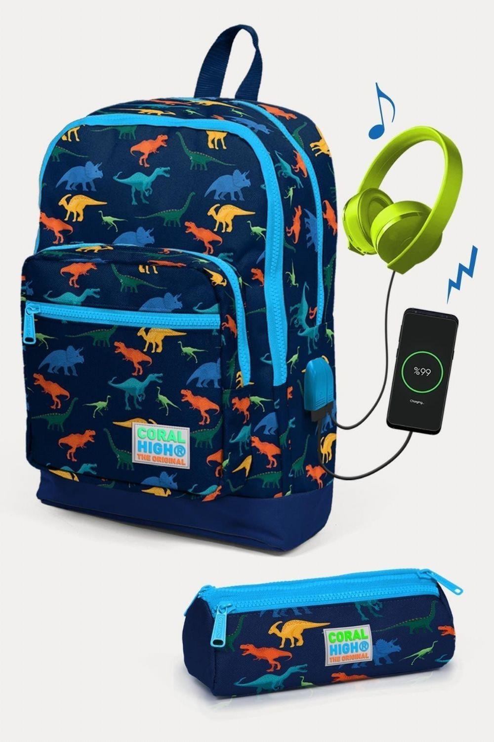 Coral High CoCoral High Kids Lacivert Dinazor Desenli USBli 2li Okul Çanta Seti - Erkek Çocuk