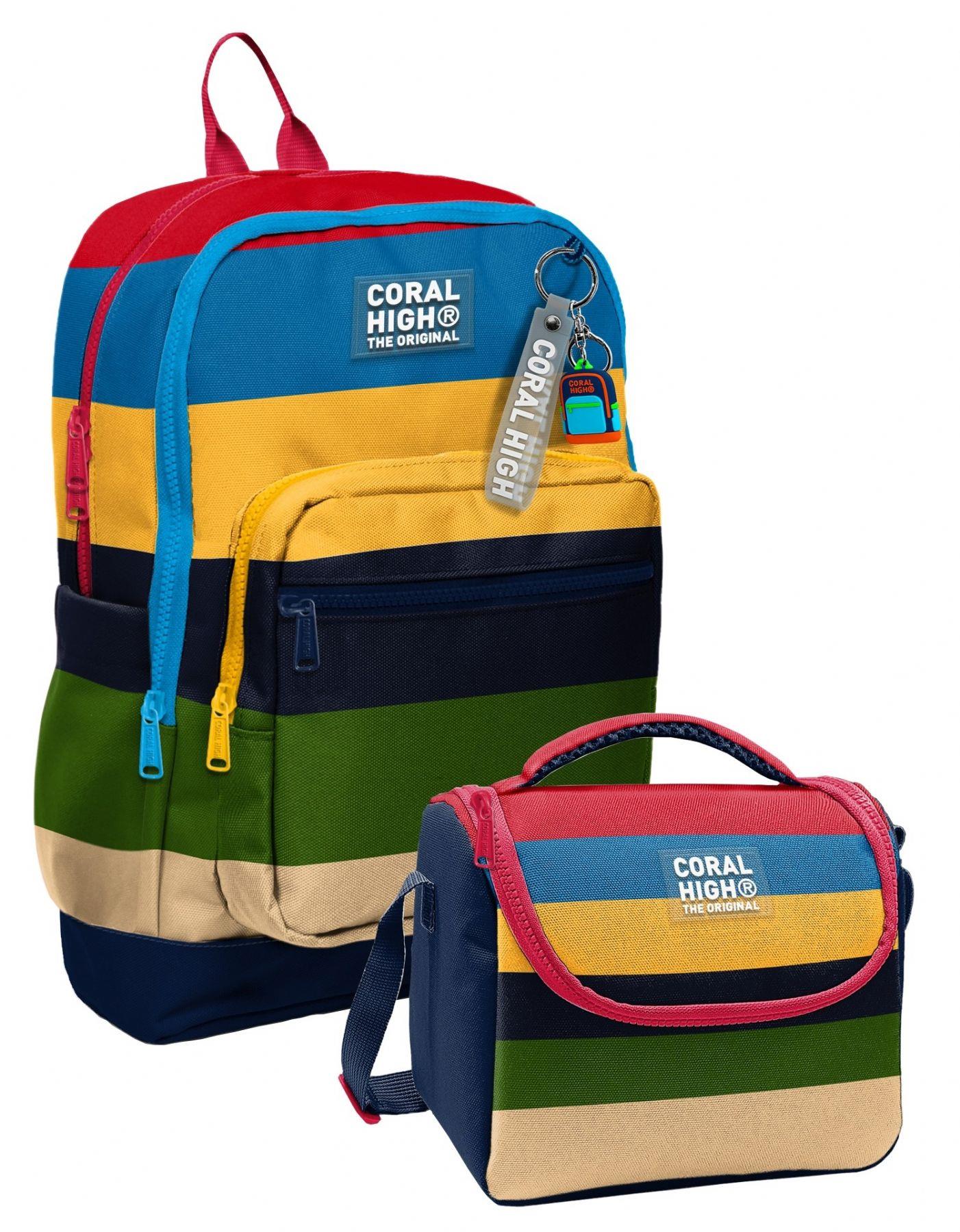 Coral High Çok Renkli Çizgi Desenli Erkek Çocuk Sırt Çantası ve Beslenme Çantası Seti (4 Gözlü Sırt Çantası)