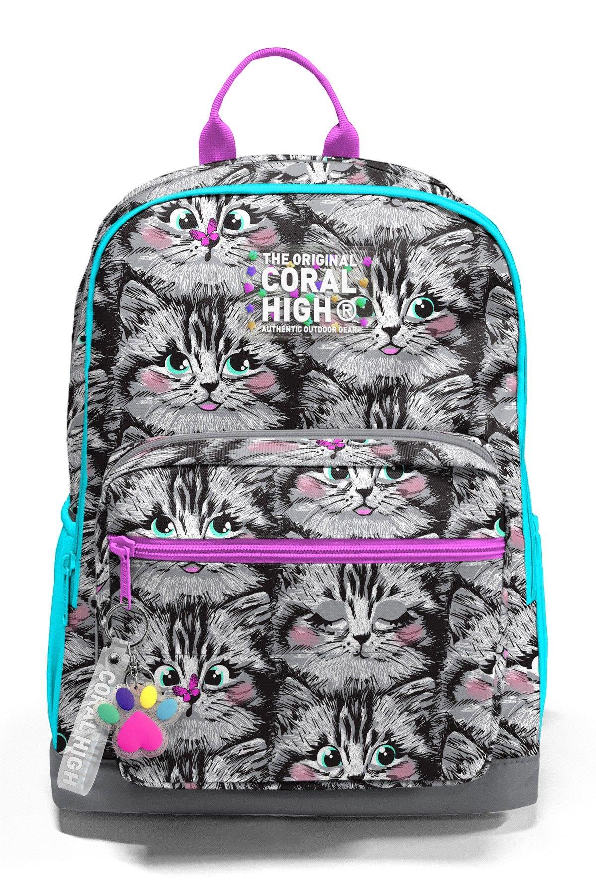 Coral High Dört Bölmeli Gri Kedi Ortaokul Çantası - Kız Çocuk
