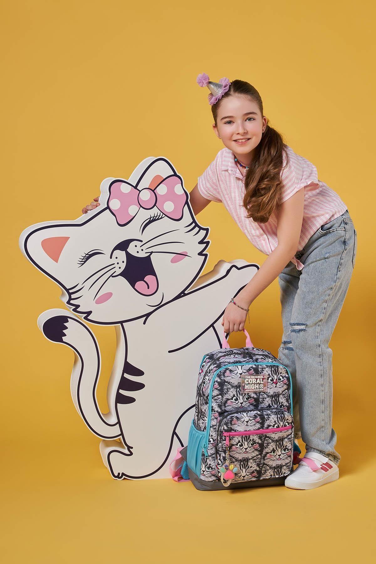 Coral High Dört Bölmeli Gri Kedi Ortaokul Çantası - Kız Çocuk