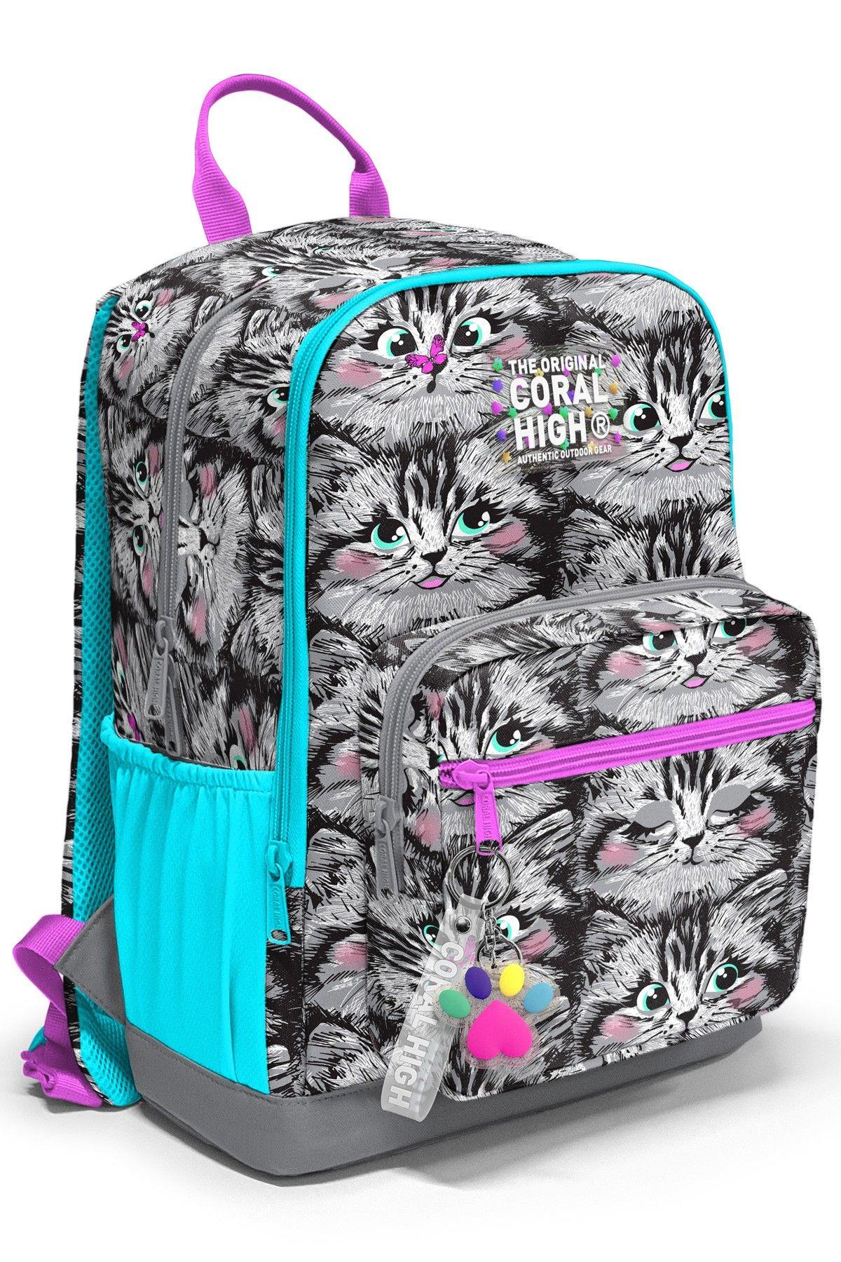 Coral High Dört Bölmeli Gri Kedi Ortaokul Çantası - Kız Çocuk