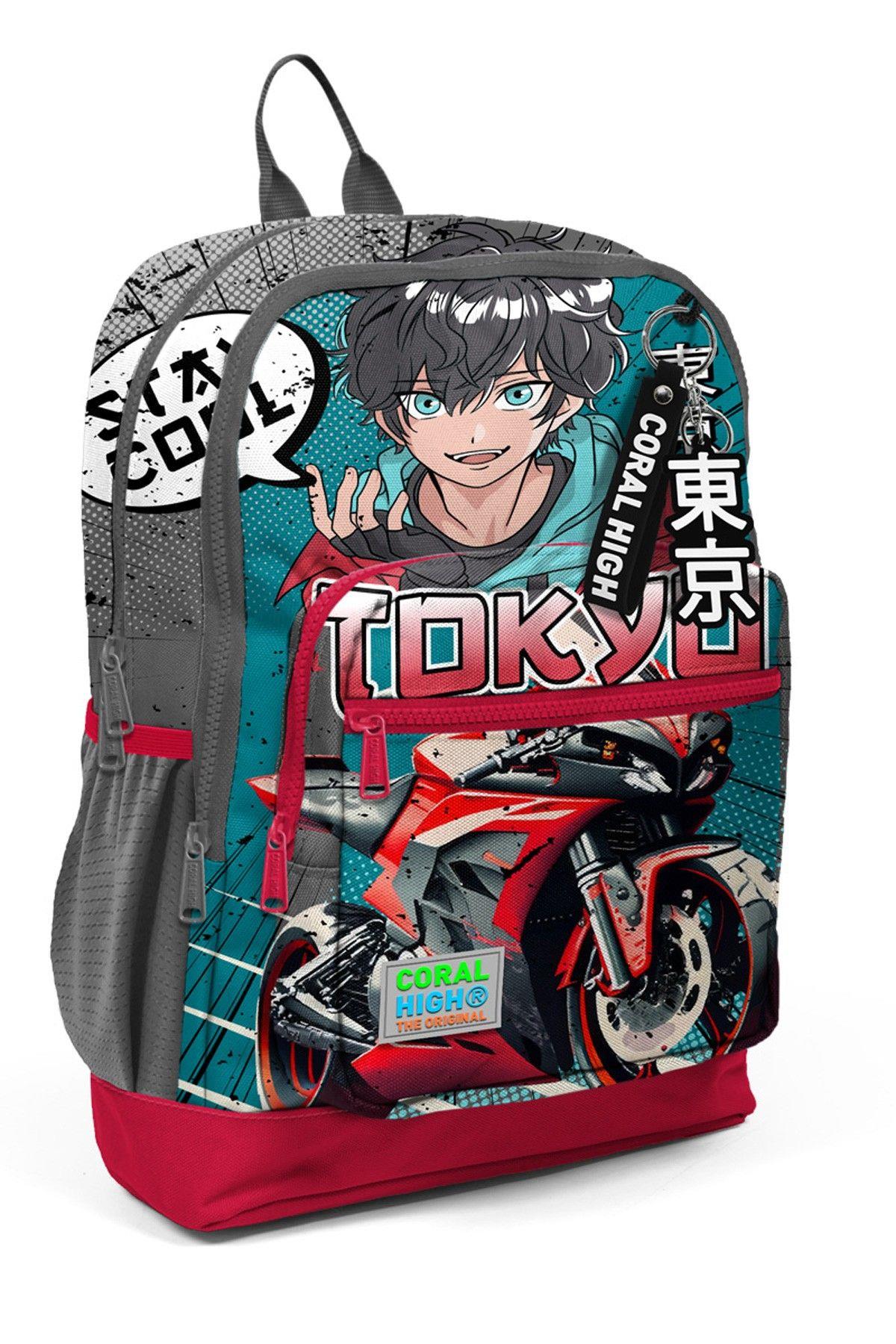 Coral High Dört Bölmeli Gri Nefti Anime Motorsiklet Desenli İlkokul Sırt Çantası - Erkek Çocuk