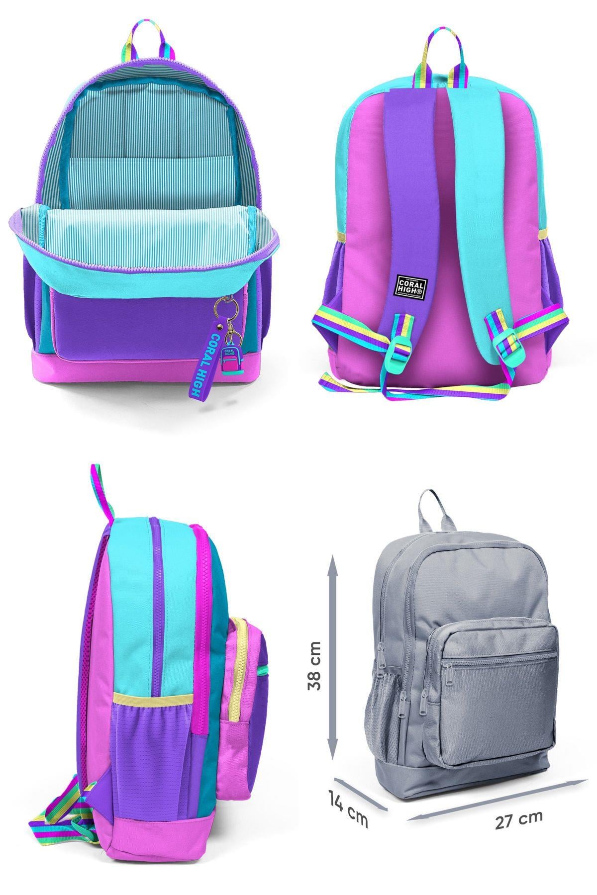 Coral High Dört Bölmeli Kız Çocuk Okul Sırt Çantası ve Beslenme Seti - Pembe Pastel Renkli