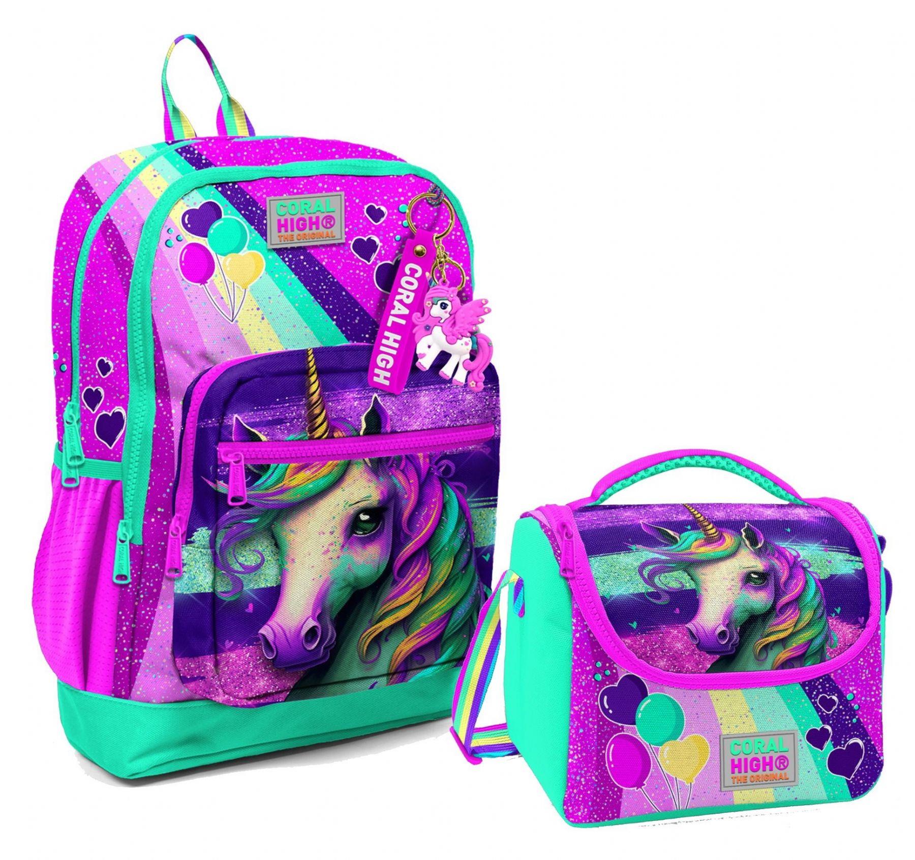 Coral High Dört Bölmeli Kız Çocuk Okul Sırt Çantası ve Beslenme Seti - Pembe Su Yeşili Unicorn