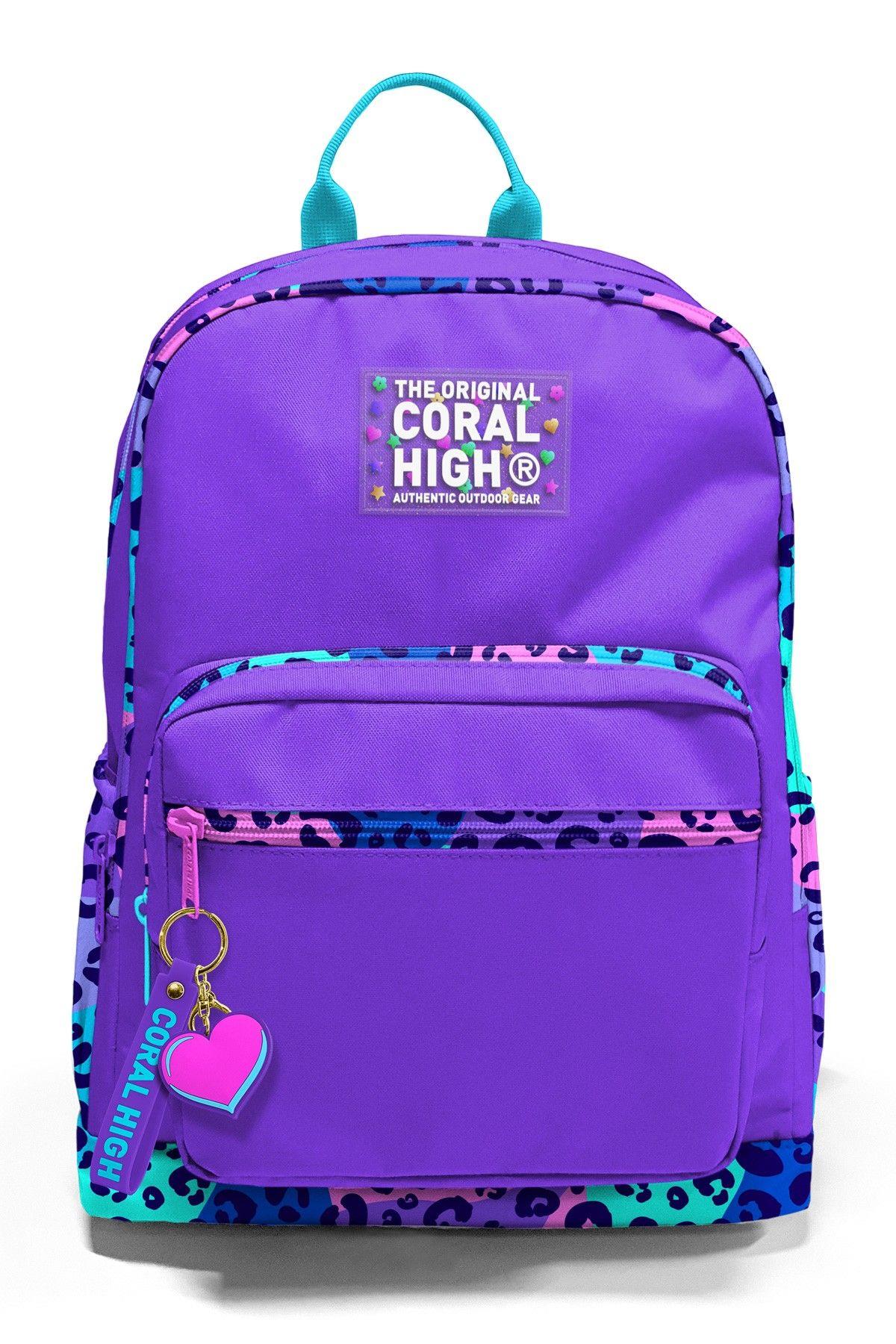 Coral High Dört Bölmeli Mor Leopar Ortaokul Çantası - Kız Çocuk