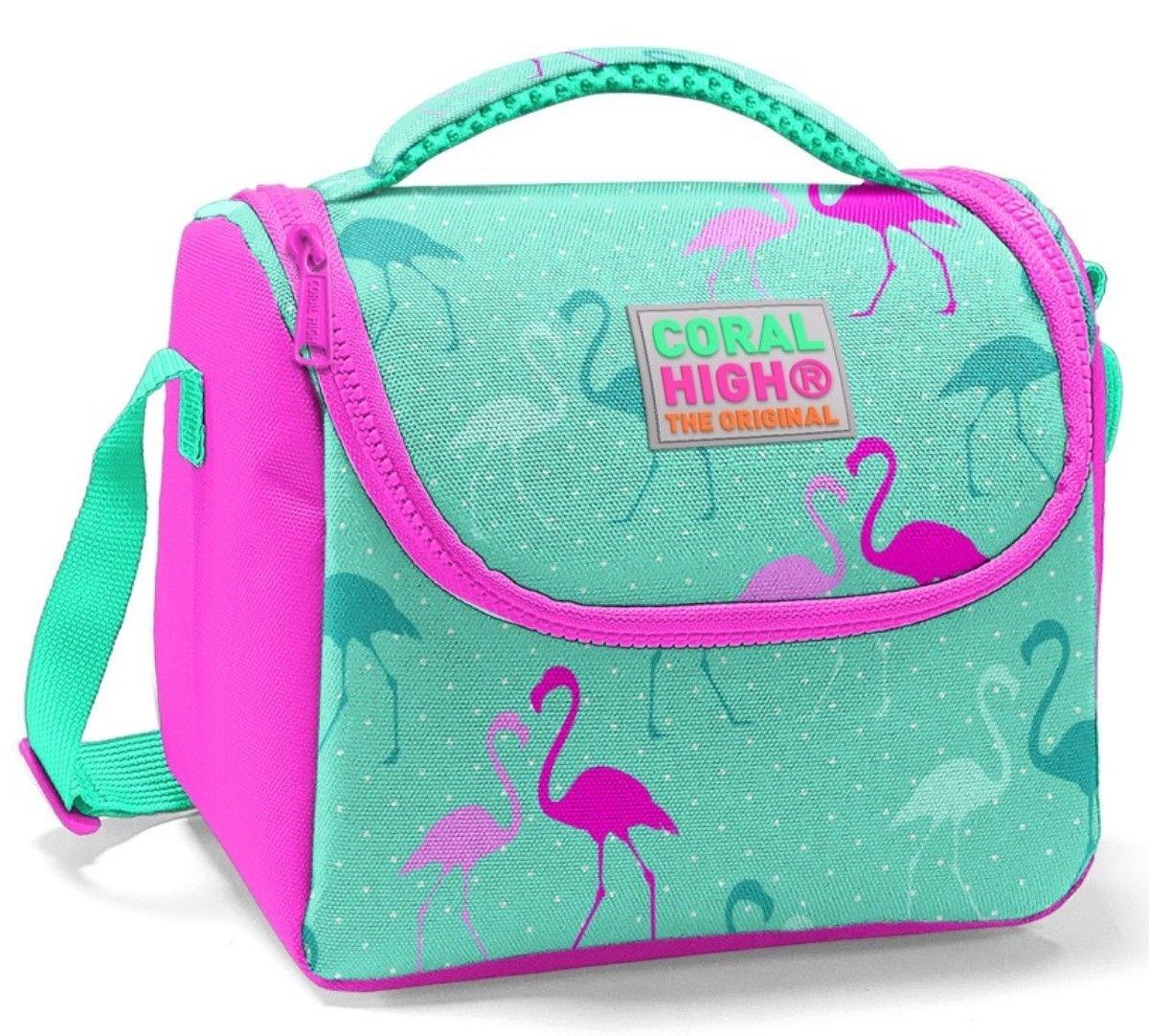 Coral High Dört Bölmeli Okul Sırt Çantası & Beslenme Çantası - Pembe Yeşil Flamingo - Kız Çocuk