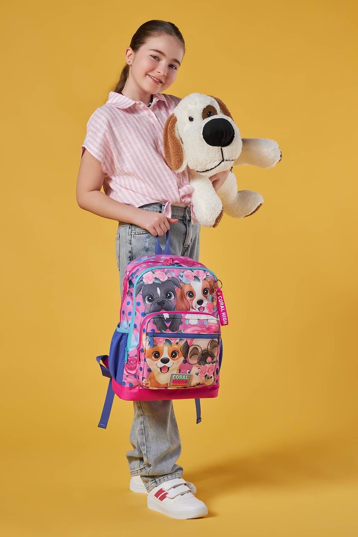 Coral High Dört Bölmeli Pembe Köpek Desenli İlkokul Sırt Çantası - Kız Çocuk
