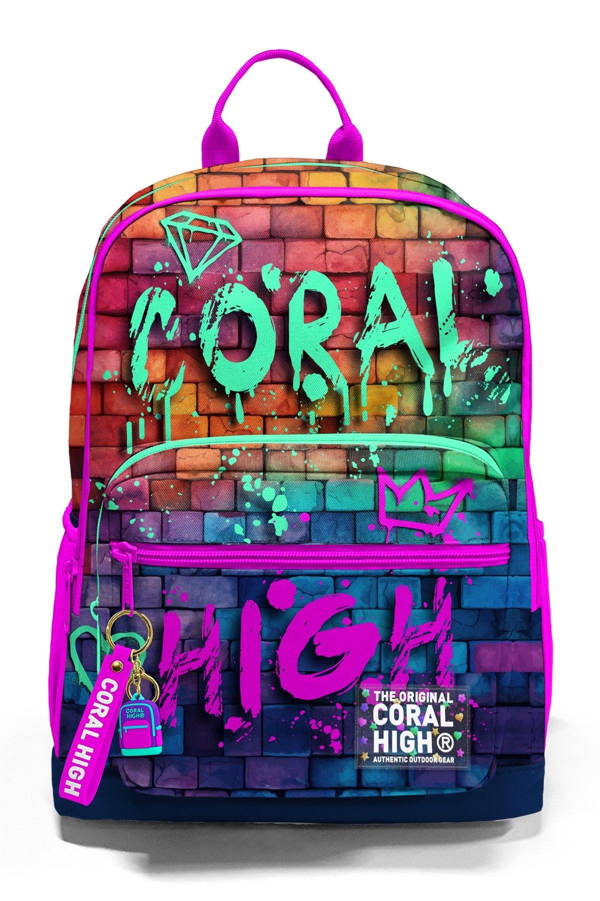 Coral High Dört Bölmeli Pembe Lacivert Grafiti Ortaokul Çantası - Kız Çocuk