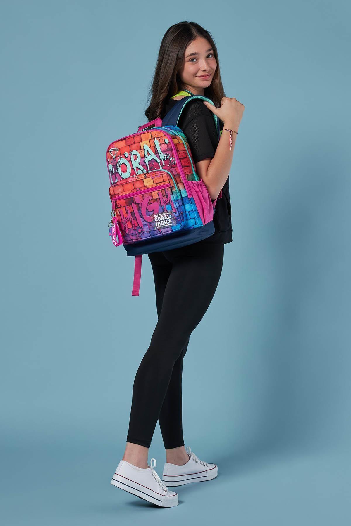 Coral High Dört Bölmeli Pembe Lacivert Grafiti Ortaokul Çantası - Kız Çocuk
